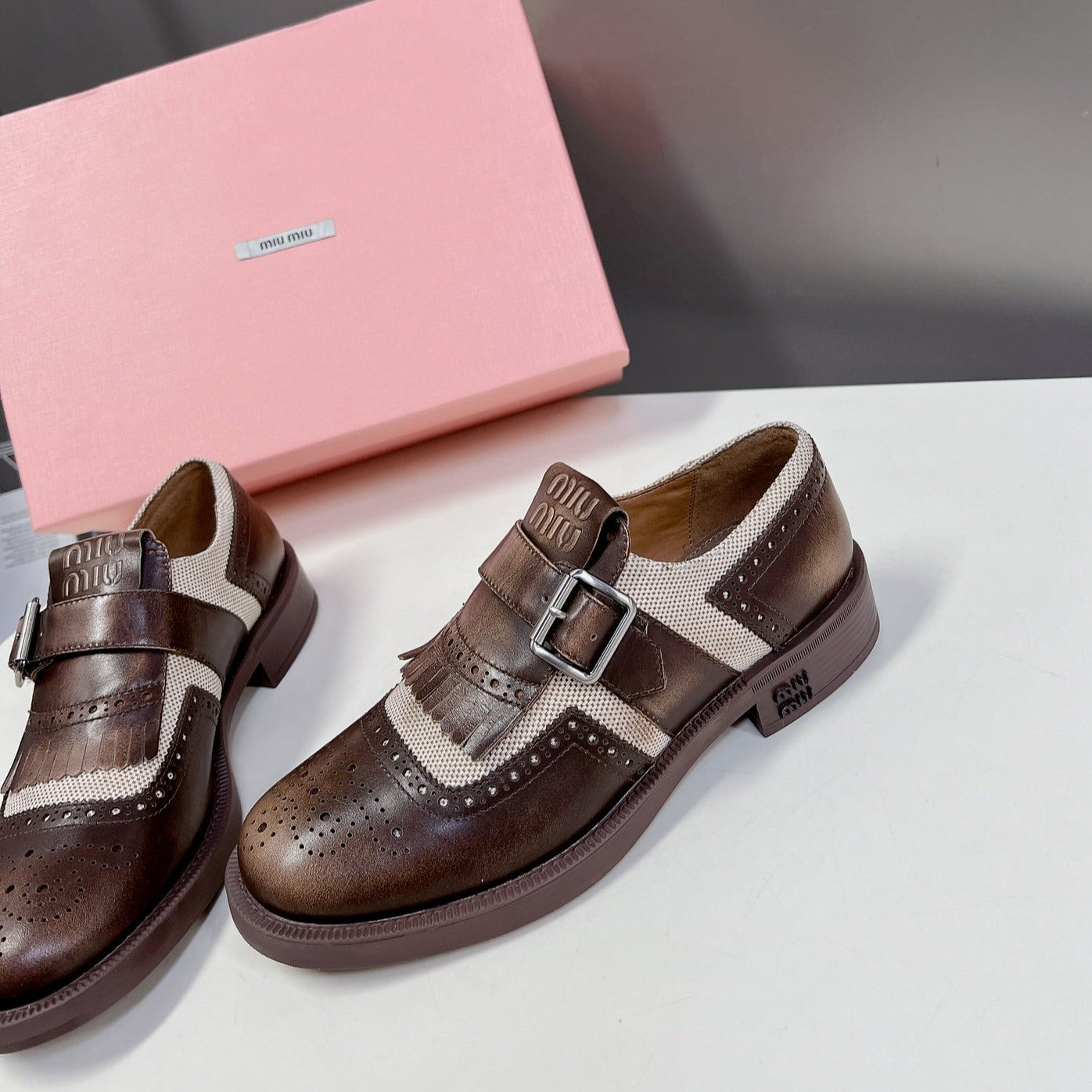 UNIQUE THICK-SOLED OXFORD SHOES WOOD MIX CREAM CALFSKIN - 35