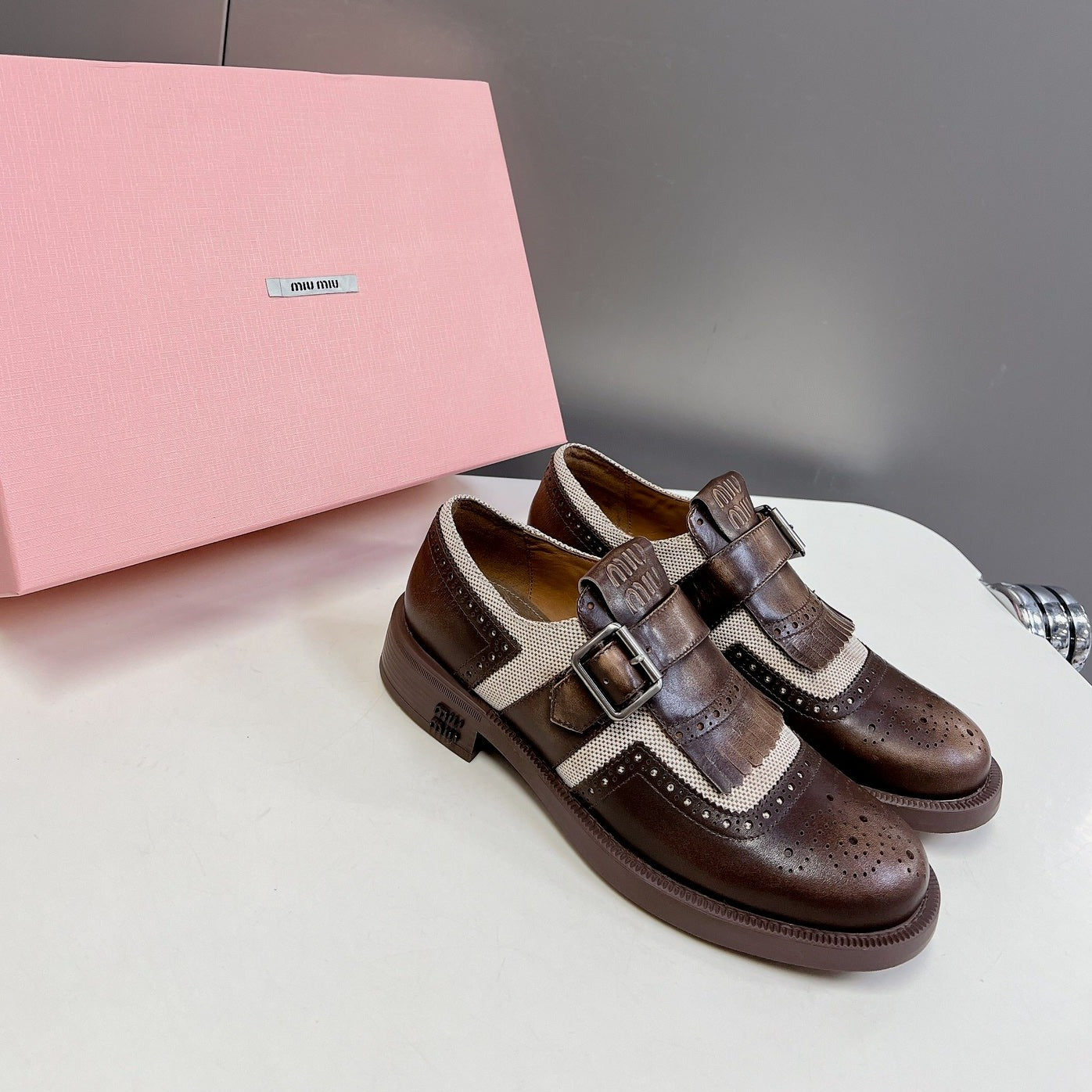 UNIQUE THICK-SOLED OXFORD SHOES WOOD MIX CREAM CALFSKIN - 35