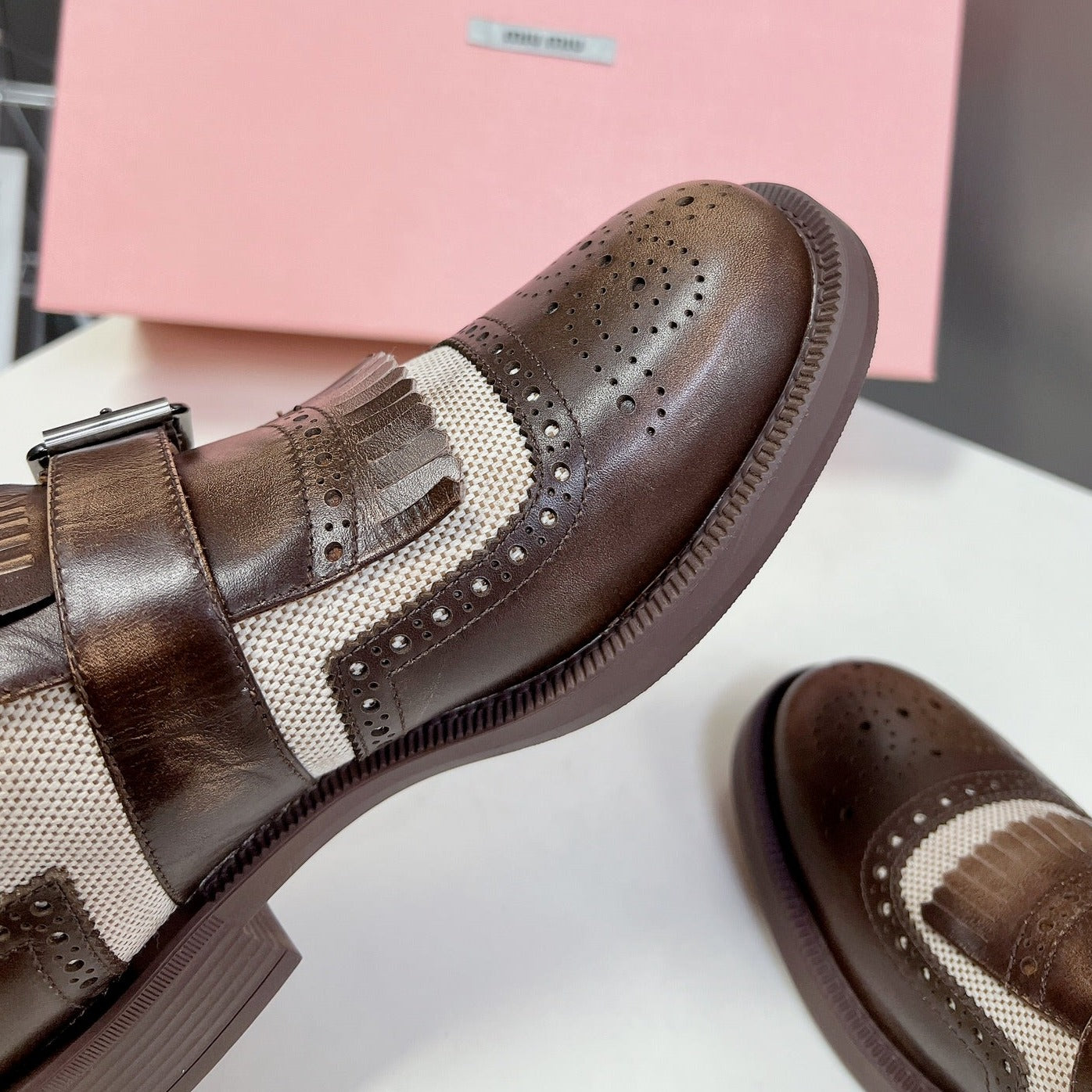 UNIQUE THICK-SOLED OXFORD SHOES WOOD MIX CREAM CALFSKIN - 35