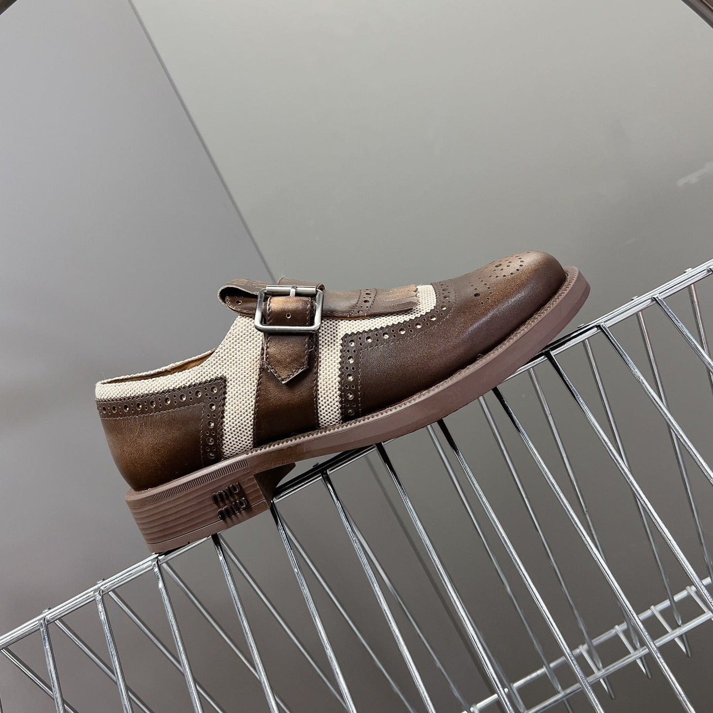 UNIQUE THICK-SOLED OXFORD SHOES WOOD MIX CREAM CALFSKIN - 35