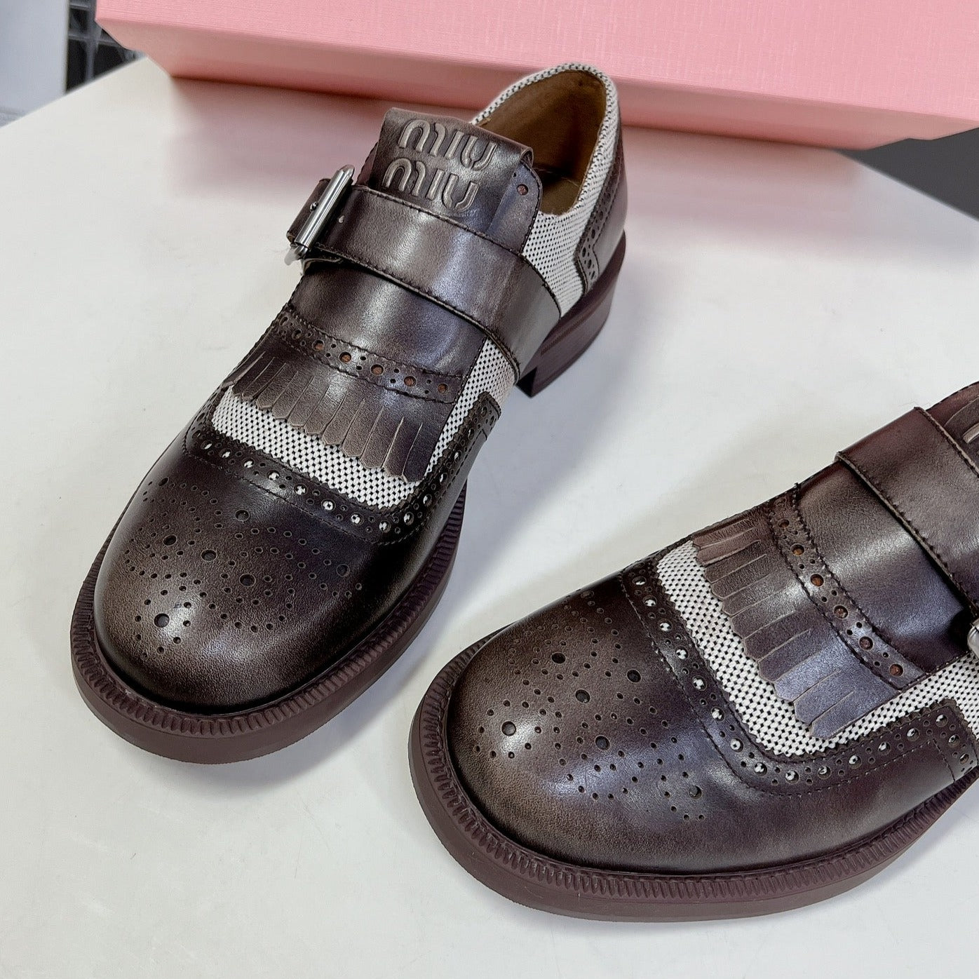 UNIQUE THICK-SOLED OXFORD SHOES BROWN MIX CREAM CALFSKIN - 35