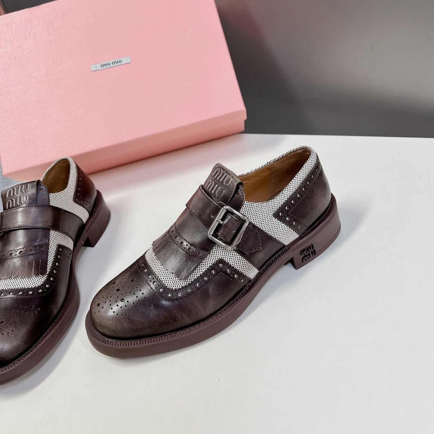 UNIQUE THICK-SOLED OXFORD SHOES BROWN MIX CREAM CALFSKIN - 35