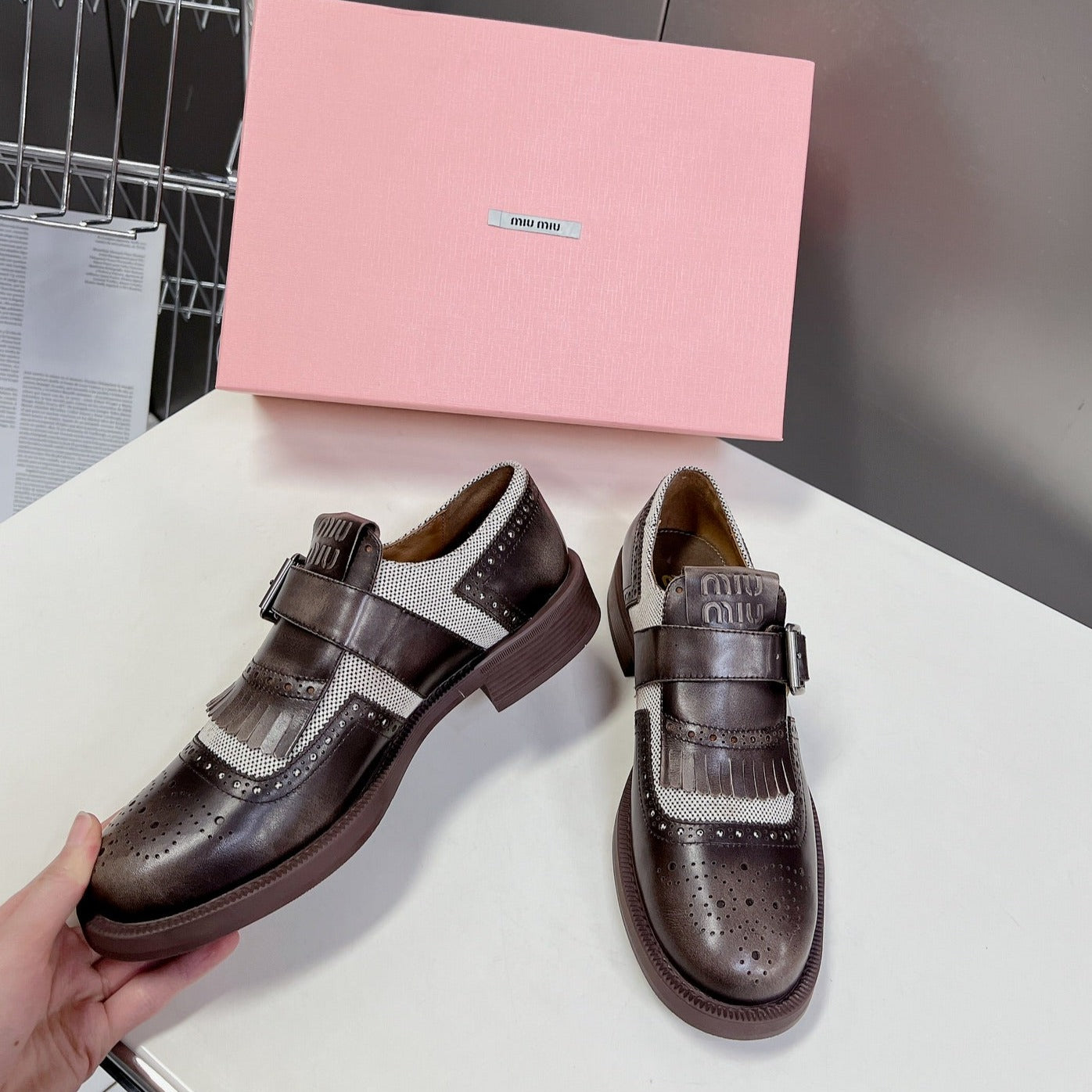UNIQUE THICK-SOLED OXFORD SHOES BROWN MIX CREAM CALFSKIN - 35