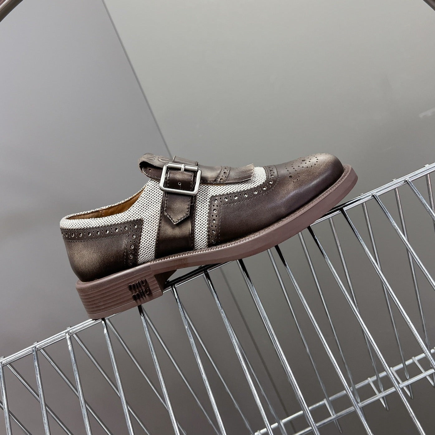 UNIQUE THICK-SOLED OXFORD SHOES BROWN MIX CREAM CALFSKIN - 35