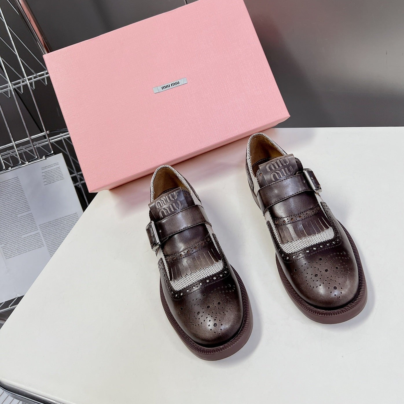 UNIQUE THICK-SOLED OXFORD SHOES BROWN MIX CREAM CALFSKIN - 35
