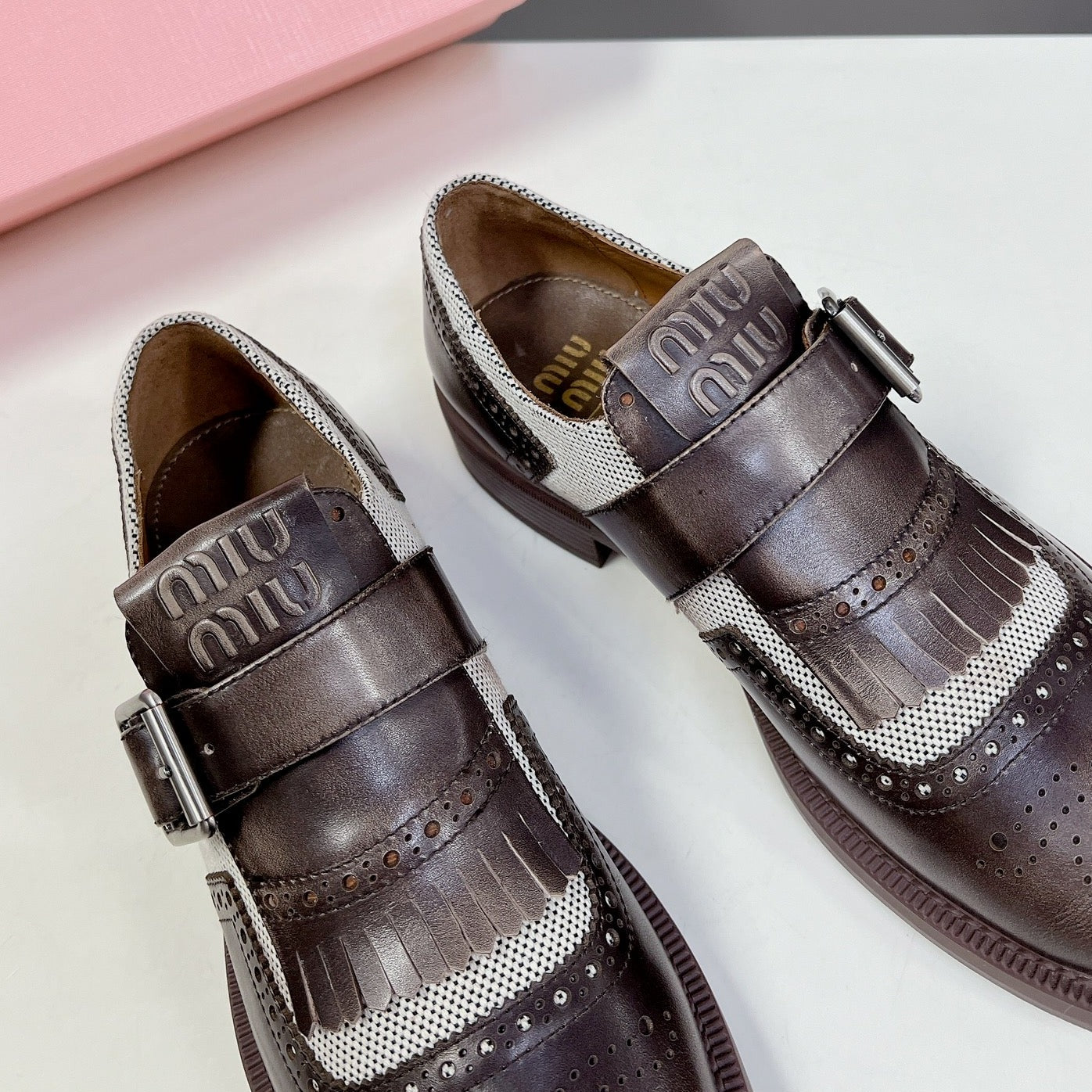 UNIQUE THICK-SOLED OXFORD SHOES BROWN MIX CREAM CALFSKIN - 35