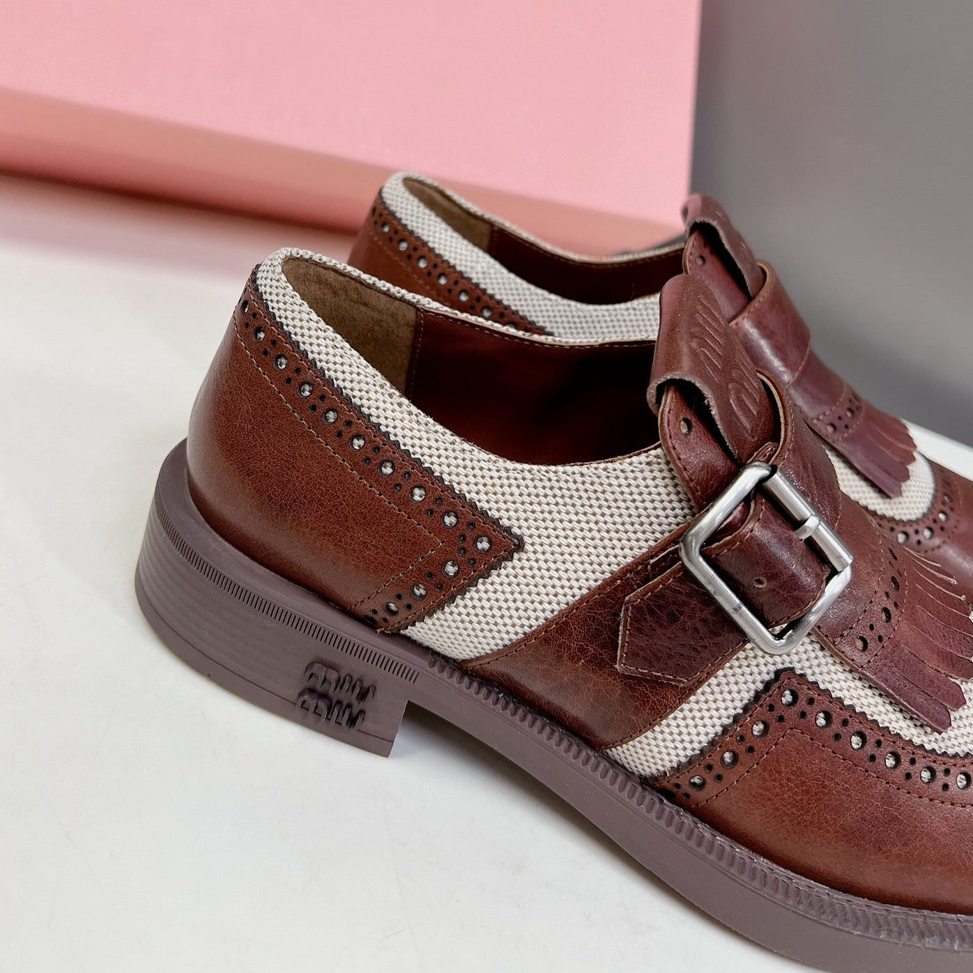 UNIQUE THICK-SOLED OXFORD BRIGHT BROWN MIX CREAM CALFSKIN - 35