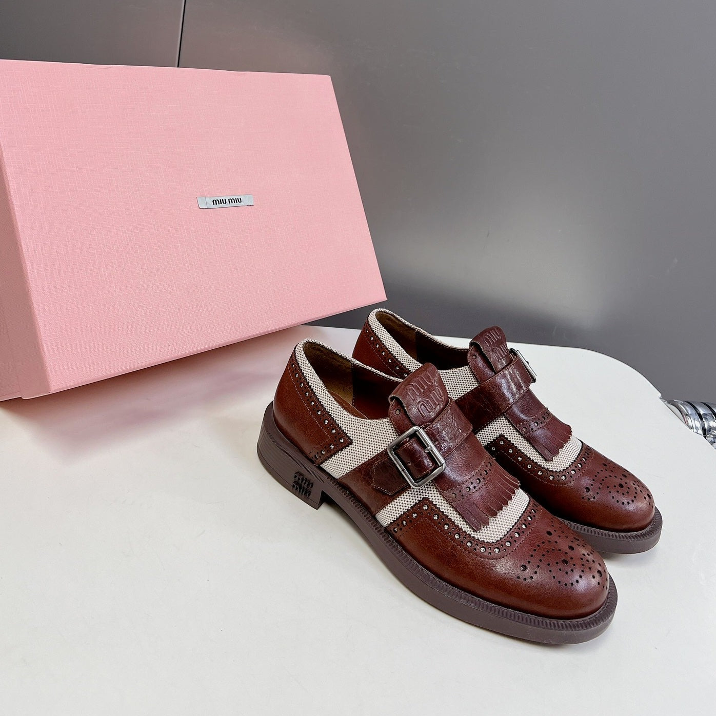 UNIQUE THICK-SOLED OXFORD BRIGHT BROWN MIX CREAM CALFSKIN - 35