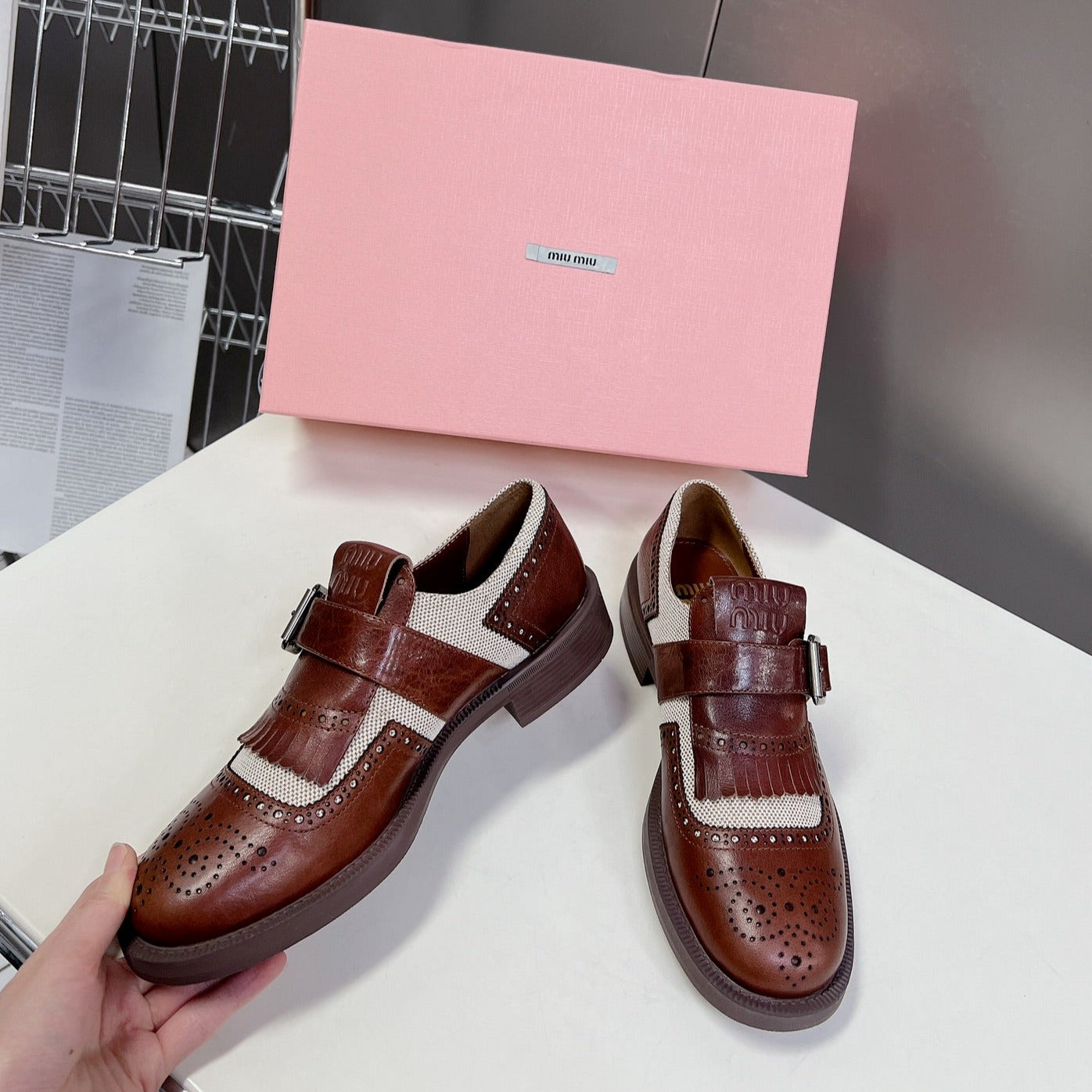 UNIQUE THICK-SOLED OXFORD BRIGHT BROWN MIX CREAM CALFSKIN - 35