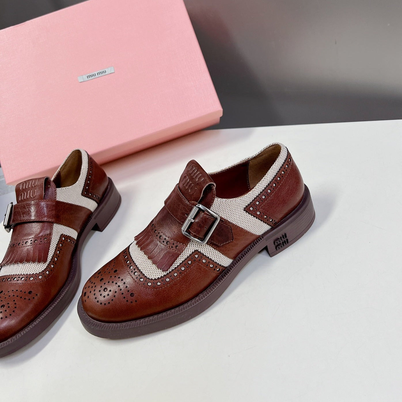UNIQUE THICK-SOLED OXFORD BRIGHT BROWN MIX CREAM CALFSKIN - 35