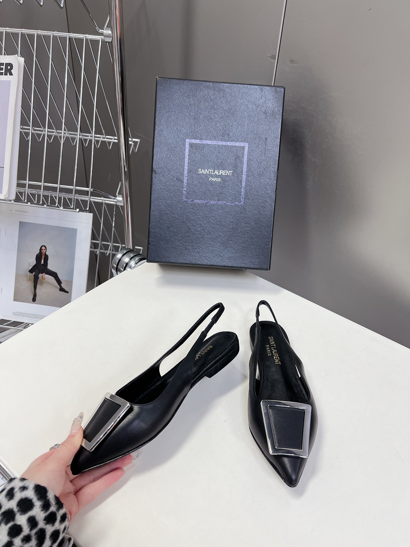 SL SQUARE BUCKLE SLINGBACK BLACK CALFSKIN - 35