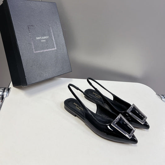 SL SQUARE BUCKLE SLINGBACK BLACK POLISHED CALFSKIN - 35