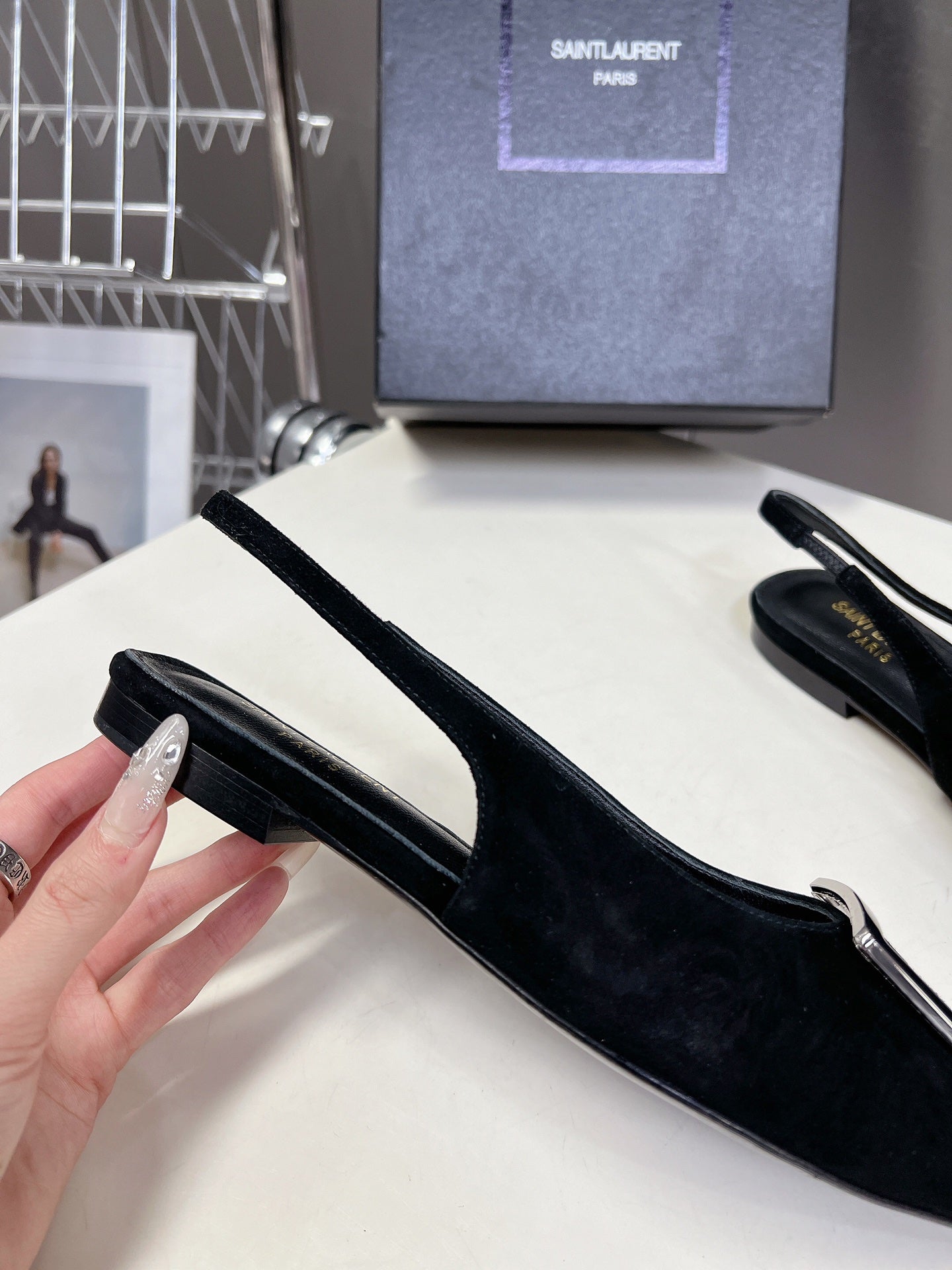 SL SQUARE BUCKLE SLINGBACK BLACK SUEDE - 35