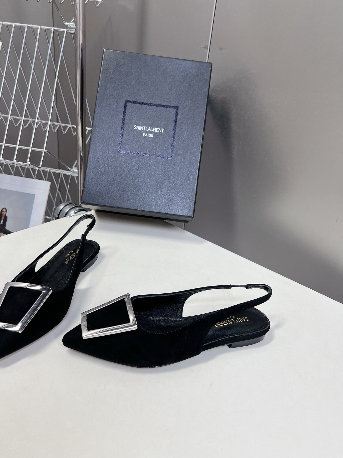 SL SQUARE BUCKLE SLINGBACK BLACK SUEDE - 35
