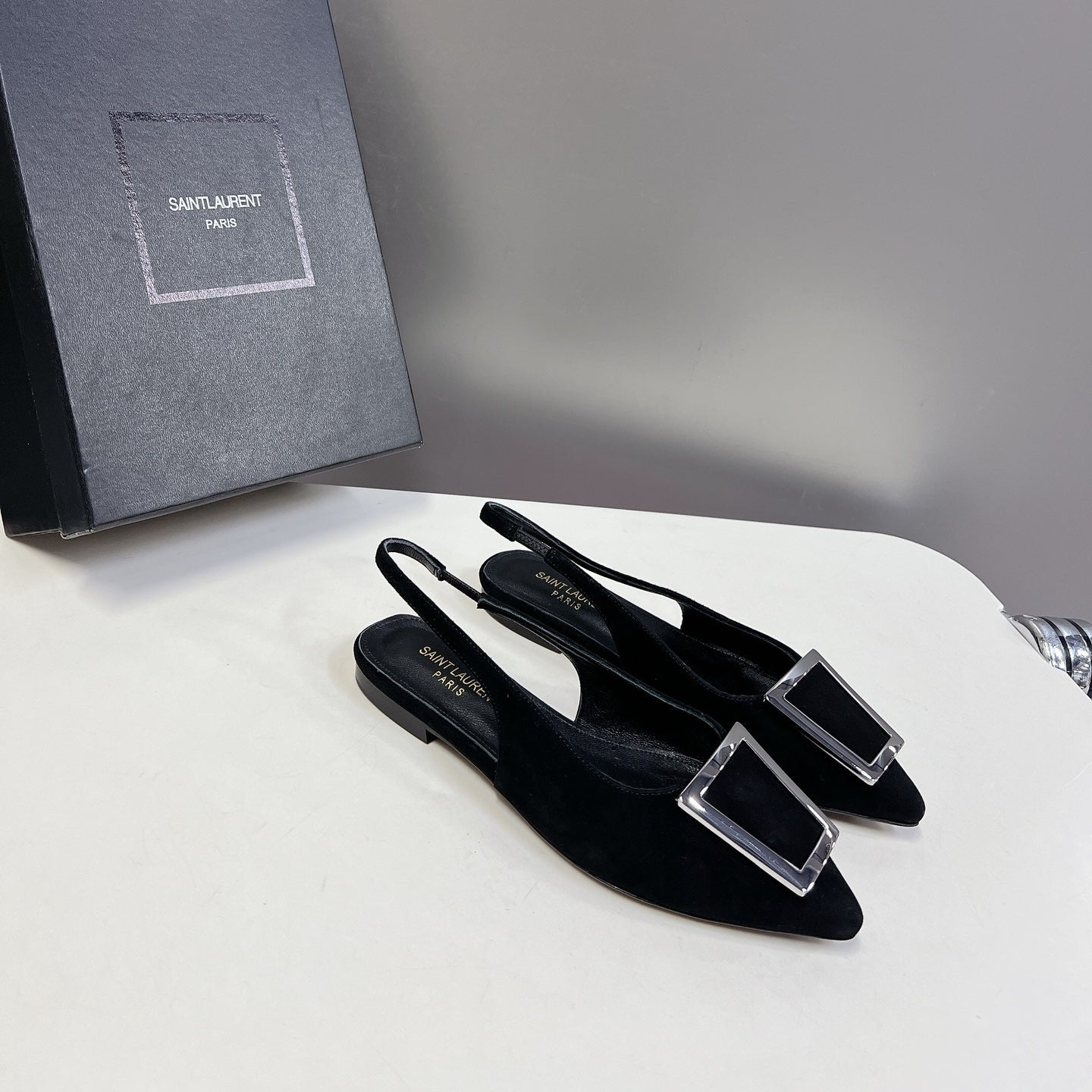 SL SQUARE BUCKLE SLINGBACK BLACK SUEDE - 35