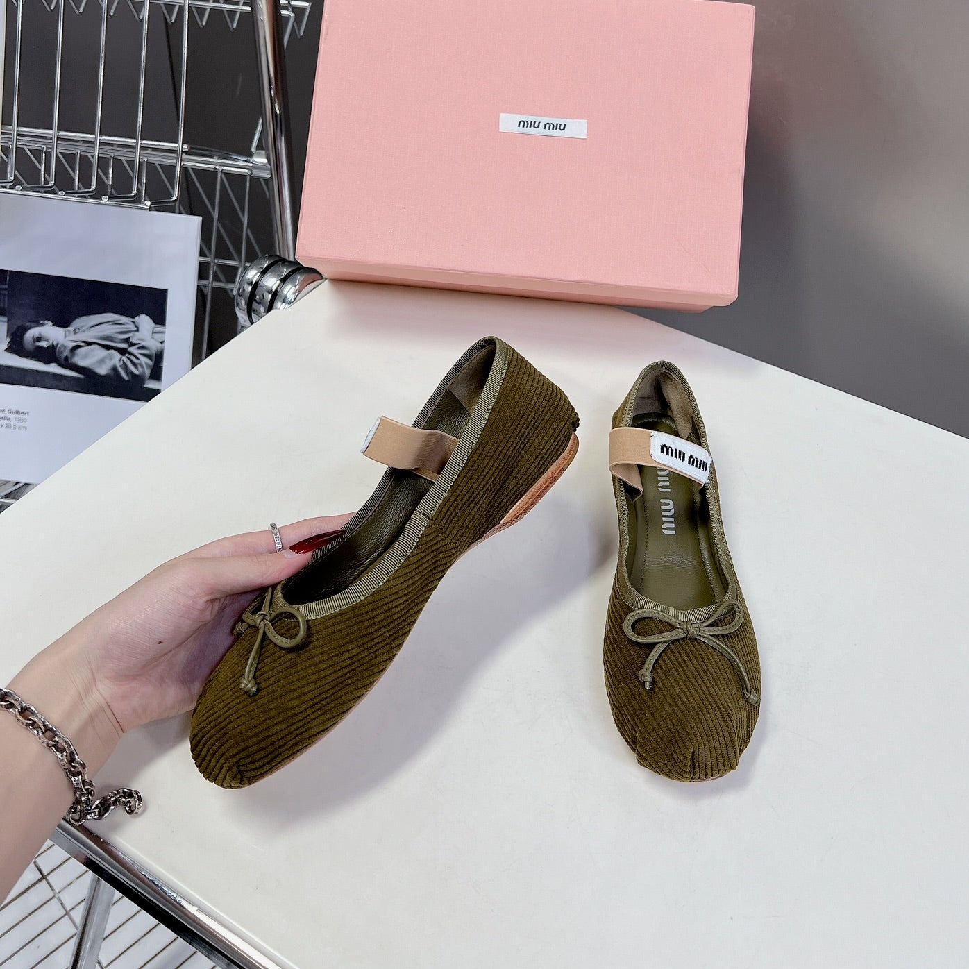 BALLET FLAT SHOES DARK OLIVE COLOR SHEEPSKIN - 35