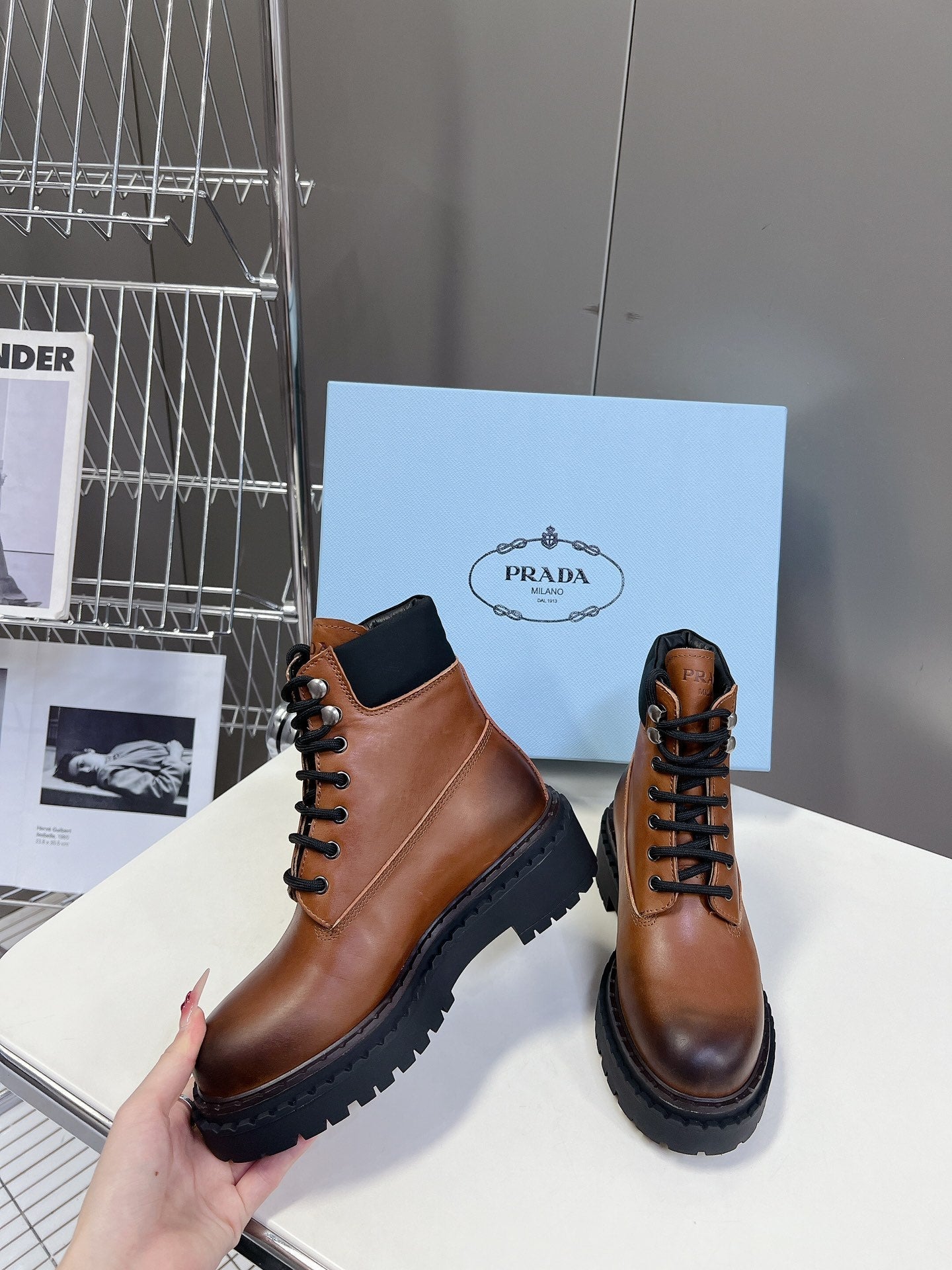PRA LACE-UP BOOTS OMBRE CARAMEL CALFSKIN - 35