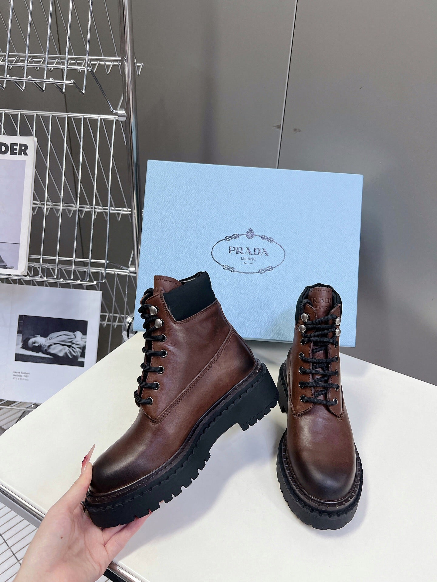 PRA LACE-UP BOOTS OMBRE CHOCOLATE CALFSKIN - 35