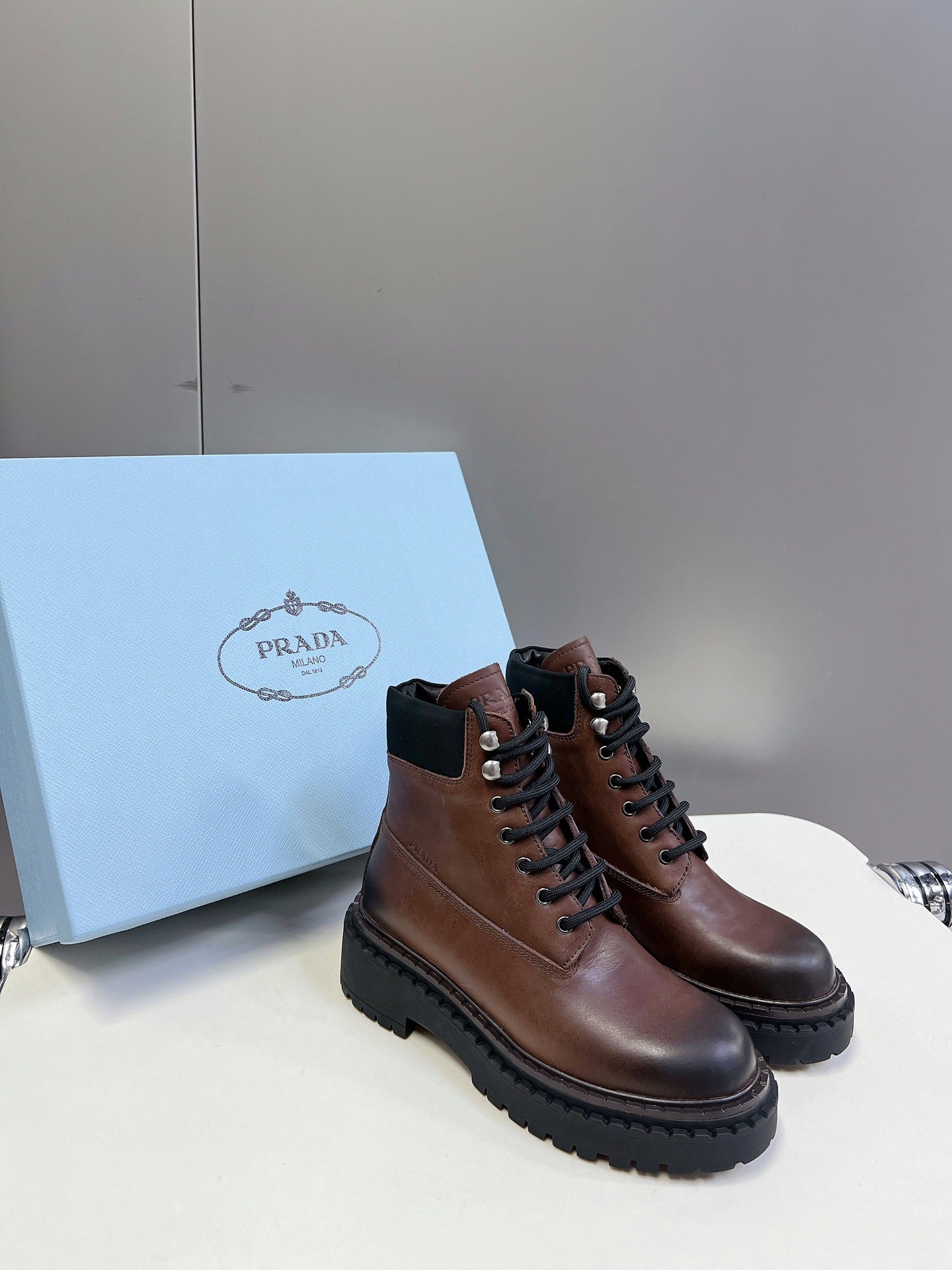 PRA LACE-UP BOOTS OMBRE CHOCOLATE CALFSKIN - 35