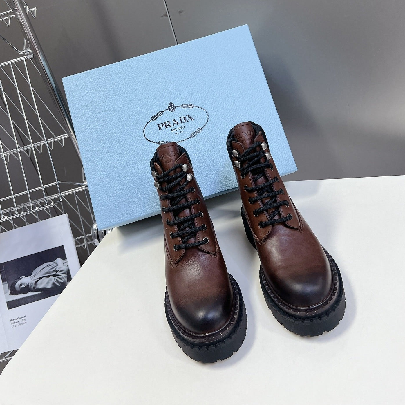 PRA LACE-UP BOOTS OMBRE CHOCOLATE CALFSKIN - 35