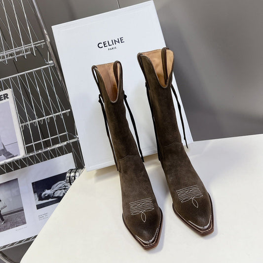 CELINE 25S HIGH CUT CHELSEA BOOTS 45MM IN DARK BROWN SUEDE - 35