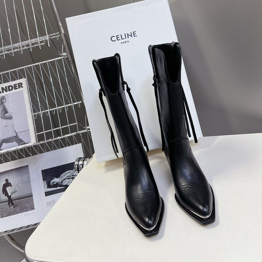 CELINE 25S HIGH CUT CHELSEA BOOTS 45MM IN BLACK CALFSKIN - 35