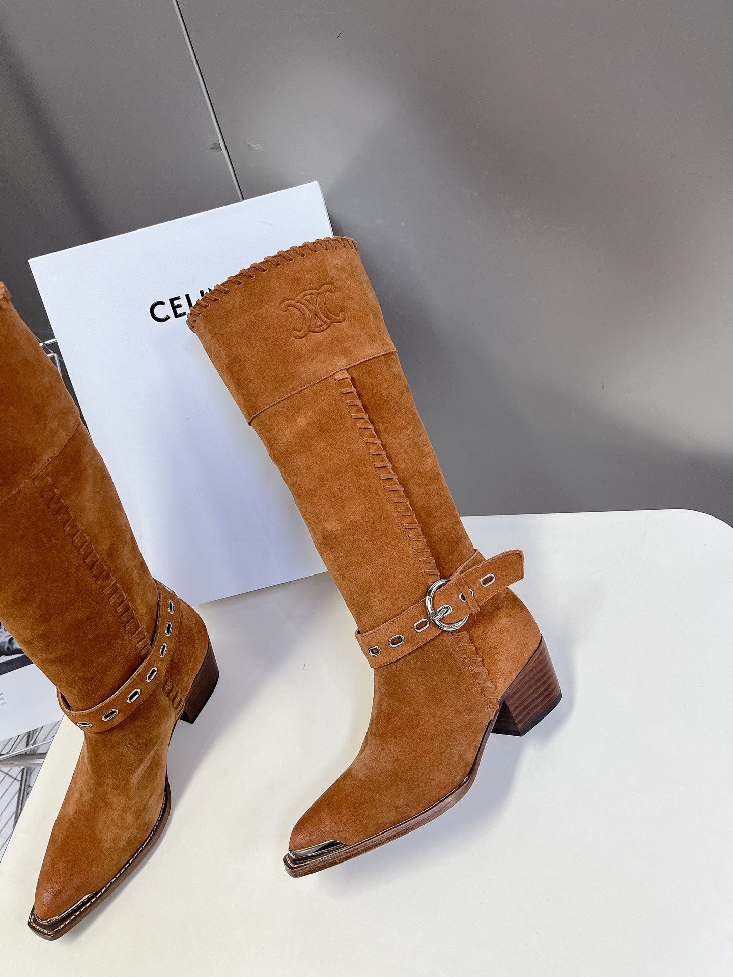 CELINE 25S BULKY LACED UP BOOTS 45MM IN BURNT ORANGE SUEDE - 35