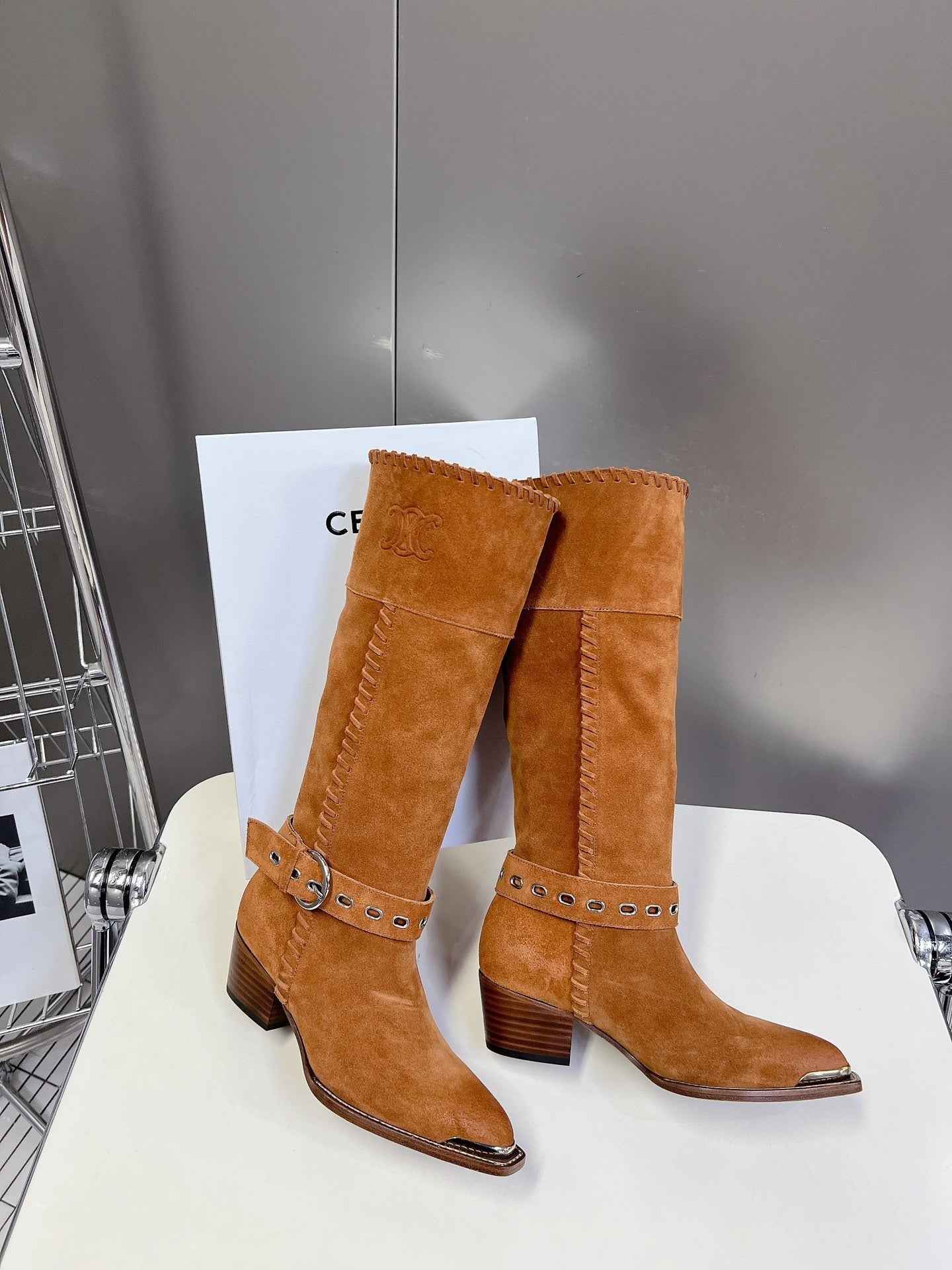 CELINE 25S BULKY LACED UP BOOTS 45MM IN BURNT ORANGE SUEDE - 35