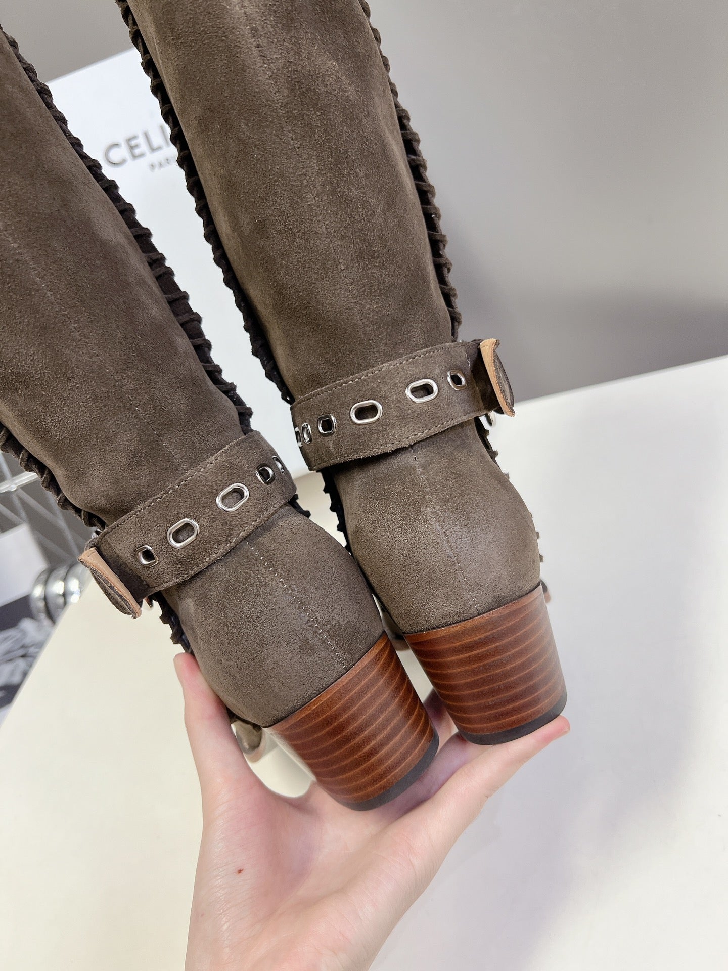 CELINE 25S BULKY LACED UP BOOTS 45MM IN CHARCOAL BROWN SUEDE - 35