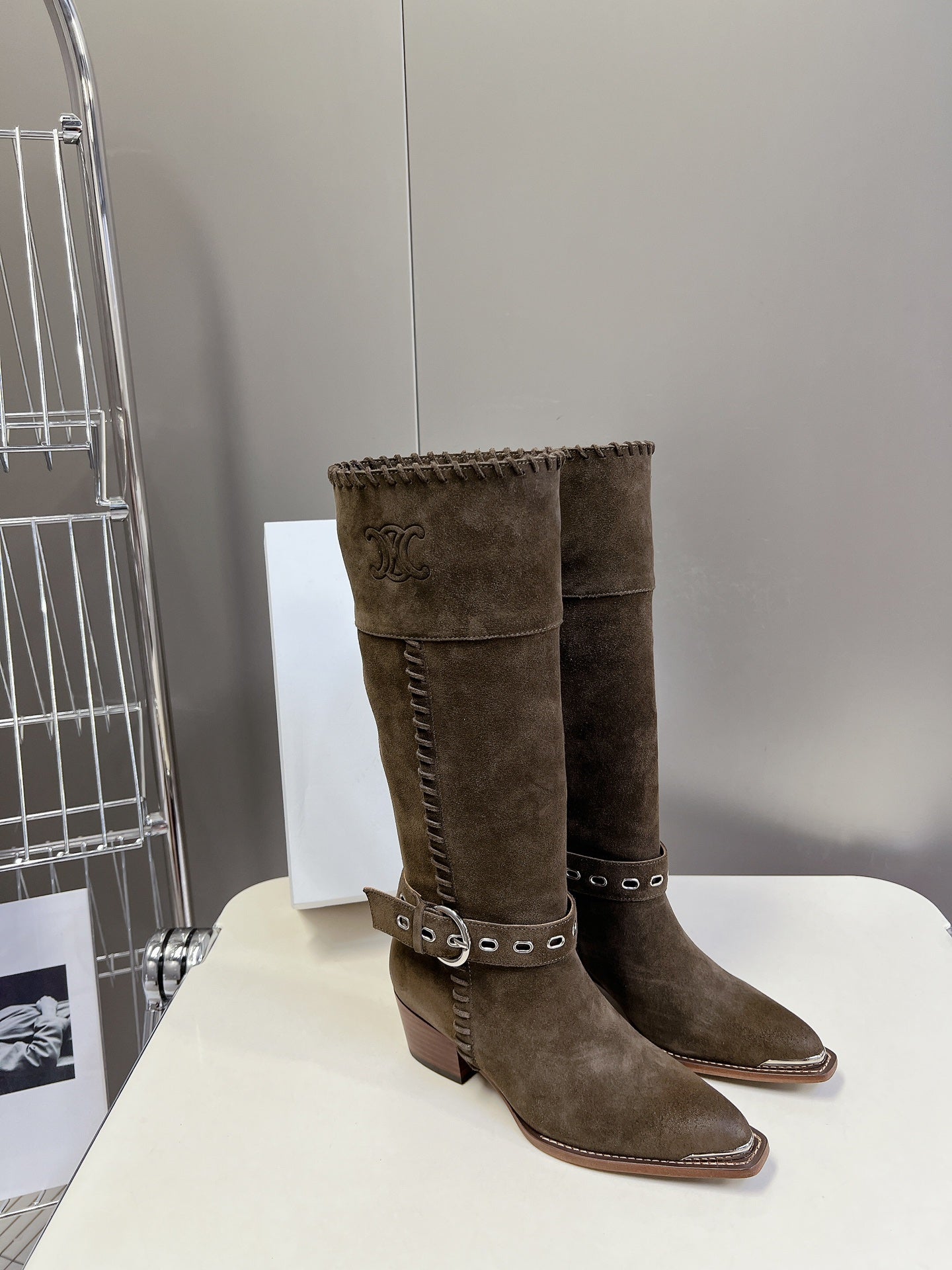 CELINE 25S BULKY LACED UP BOOTS 45MM IN CHARCOAL BROWN SUEDE - 35
