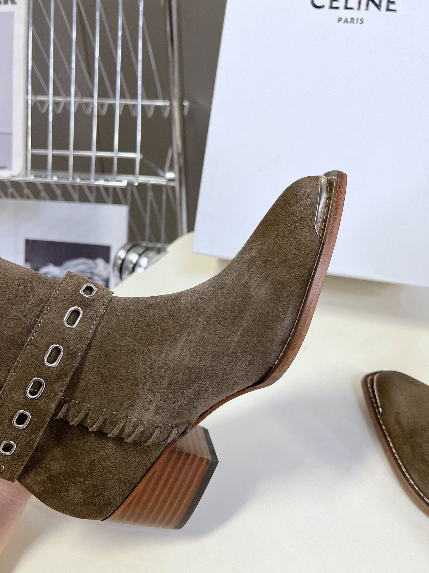 CELINE 25S BULKY LACED UP BOOTS 45MM IN CHARCOAL BROWN SUEDE - 35