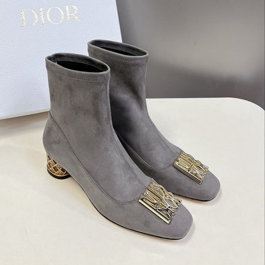 ICON HEELED ANKLE BOOT DOVE GRAY SUEDE 4 CM WITH GOLD LOGO - 34