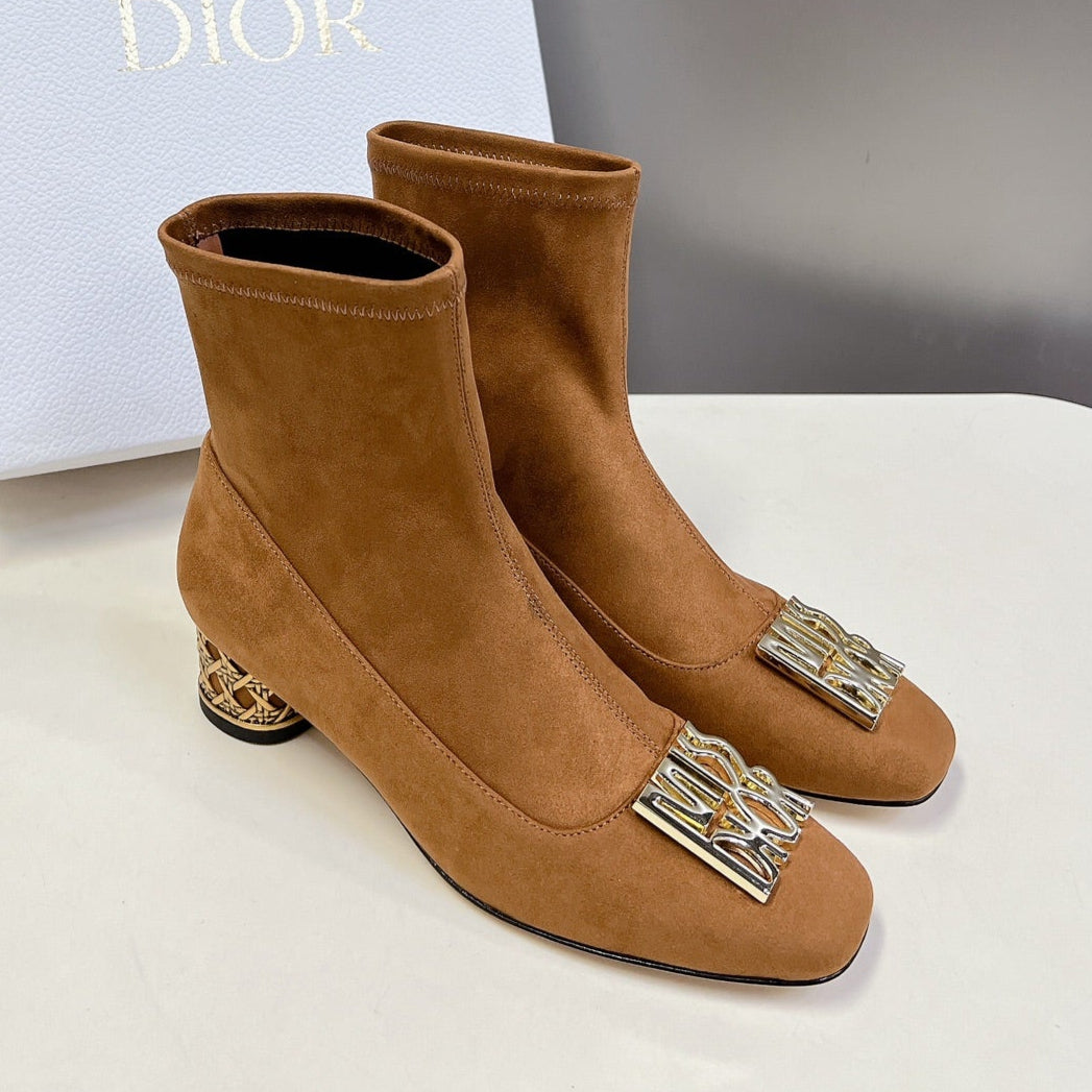 ICON HEELED ANKLE BOOT BRONZE BROWN SUEDE 4 CM WITH GOLD LOGO - 34