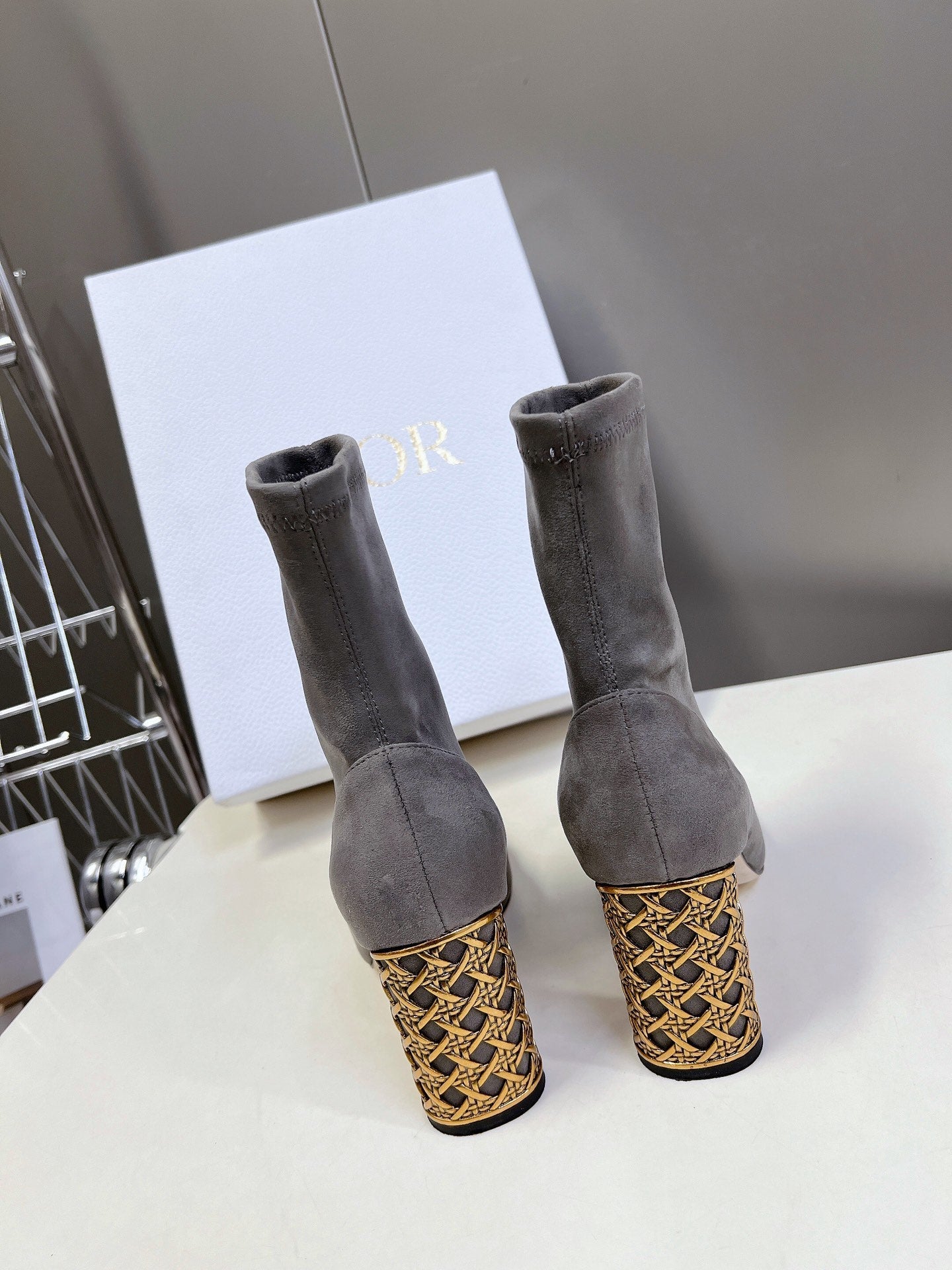 ICON HEELED ANKLE BOOT DOVE GRAY SUEDE 8 CM WITH GOLD LOGO - 34