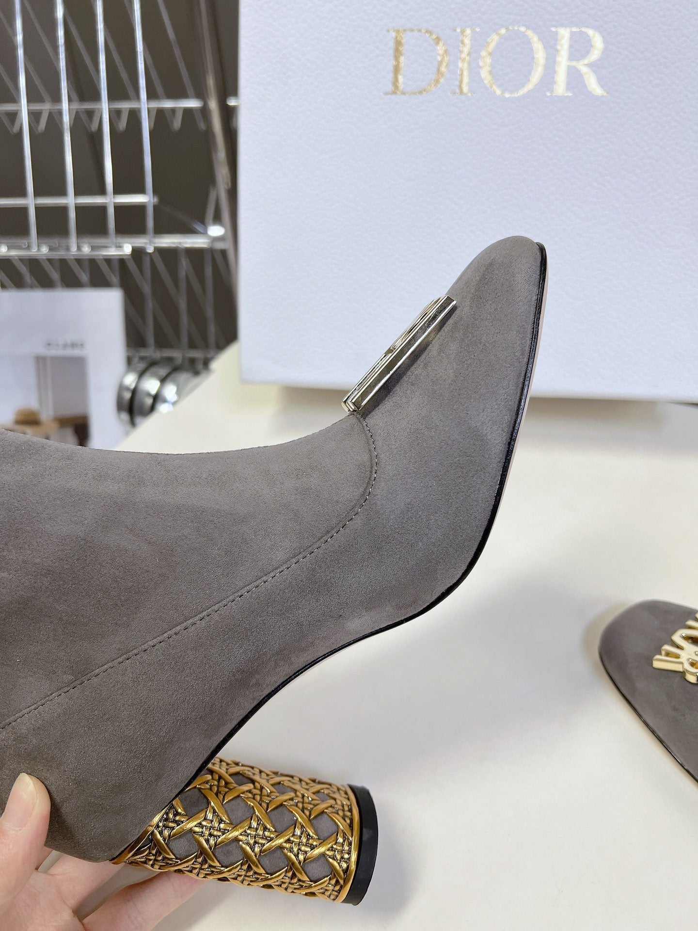 ICON HEELED ANKLE BOOT DOVE GRAY SUEDE 8 CM WITH GOLD LOGO - 34