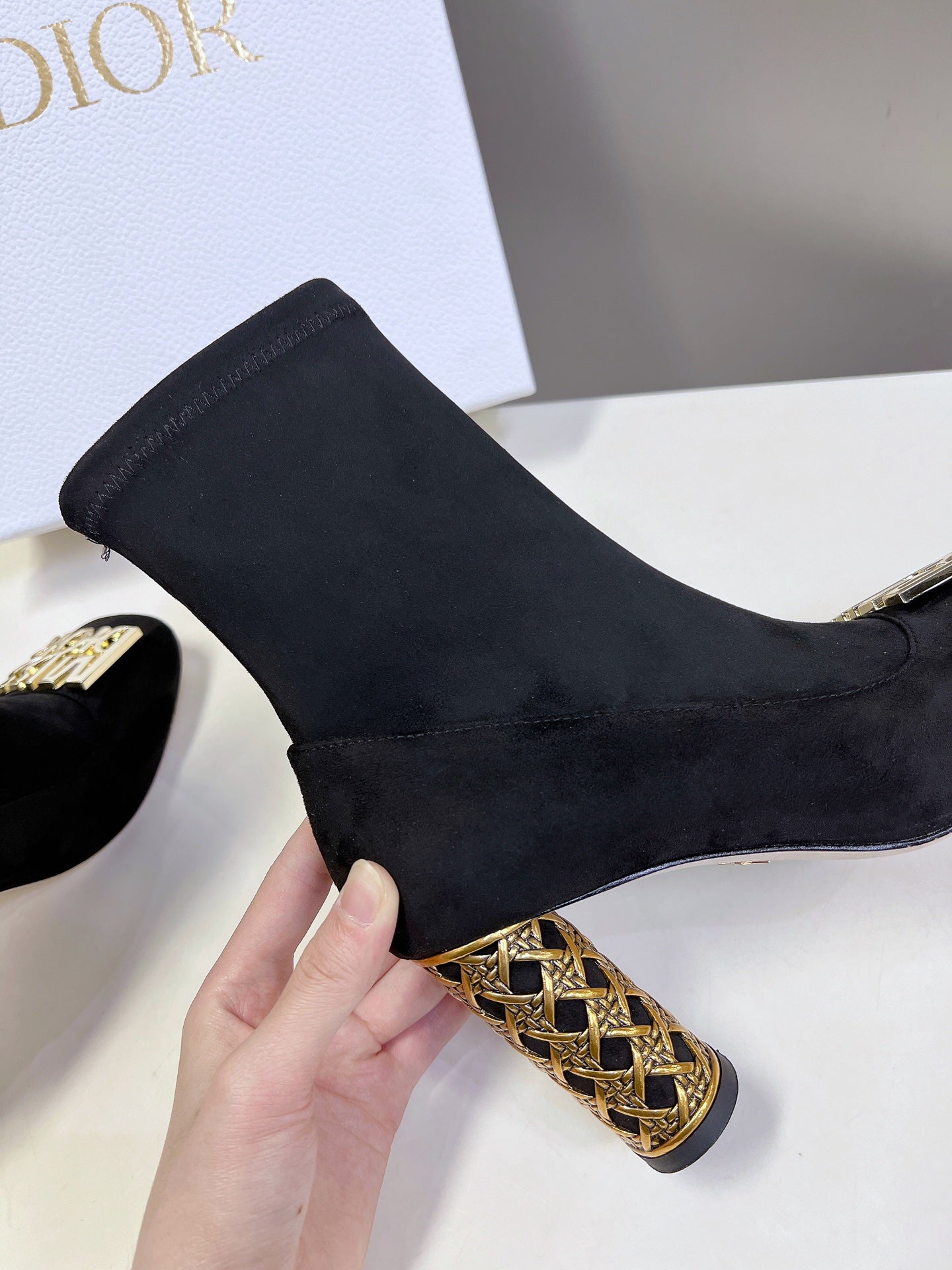 ICON HEELED ANKLE BOOT BLACK SUEDE 8 CM WITH GOLD LOGO - 34