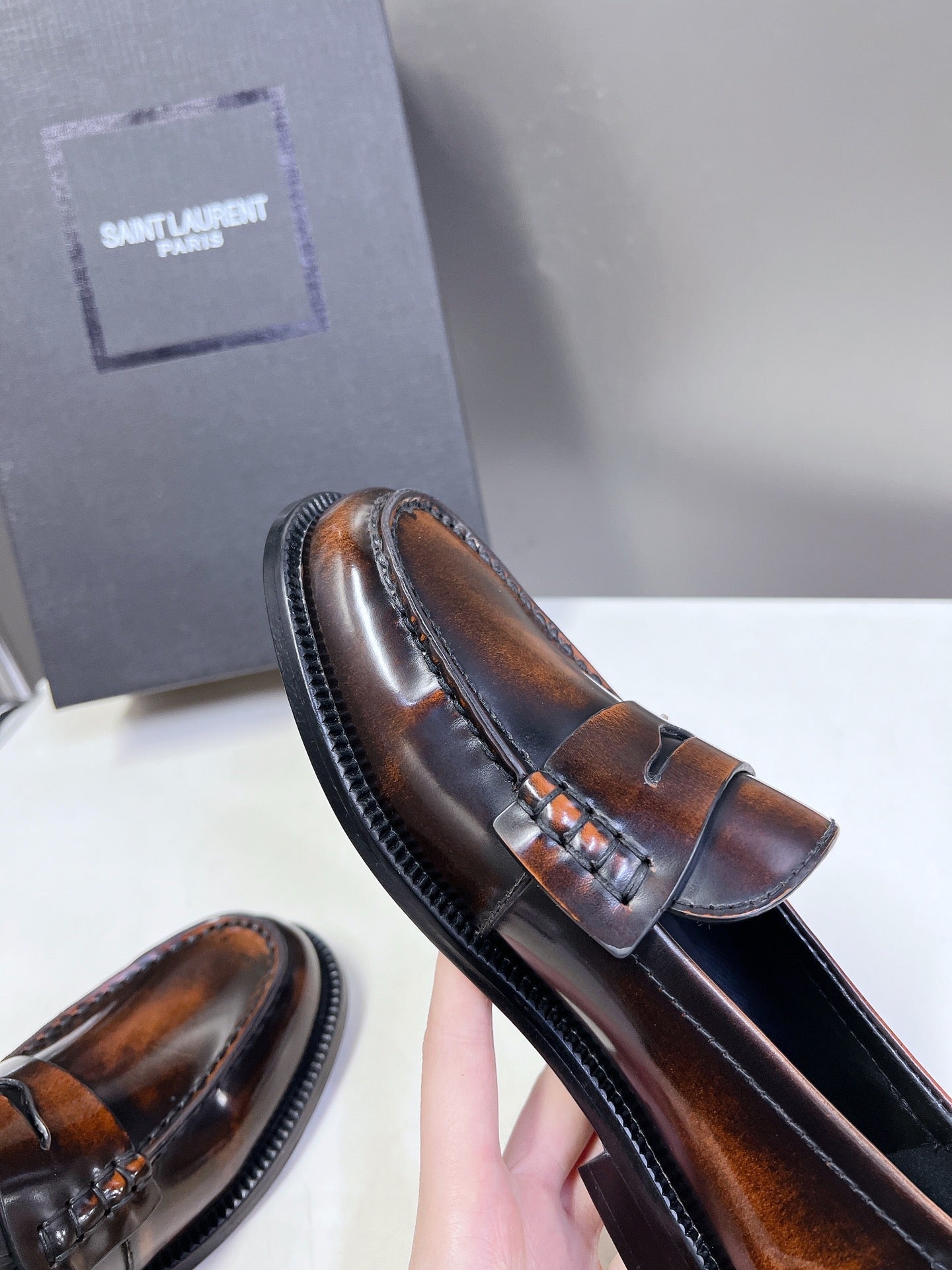 YSL 25S SAINT LAURENT LOAFERS IN TORTOISESHELL BROWN GLOSSY CALFSKIN - 35