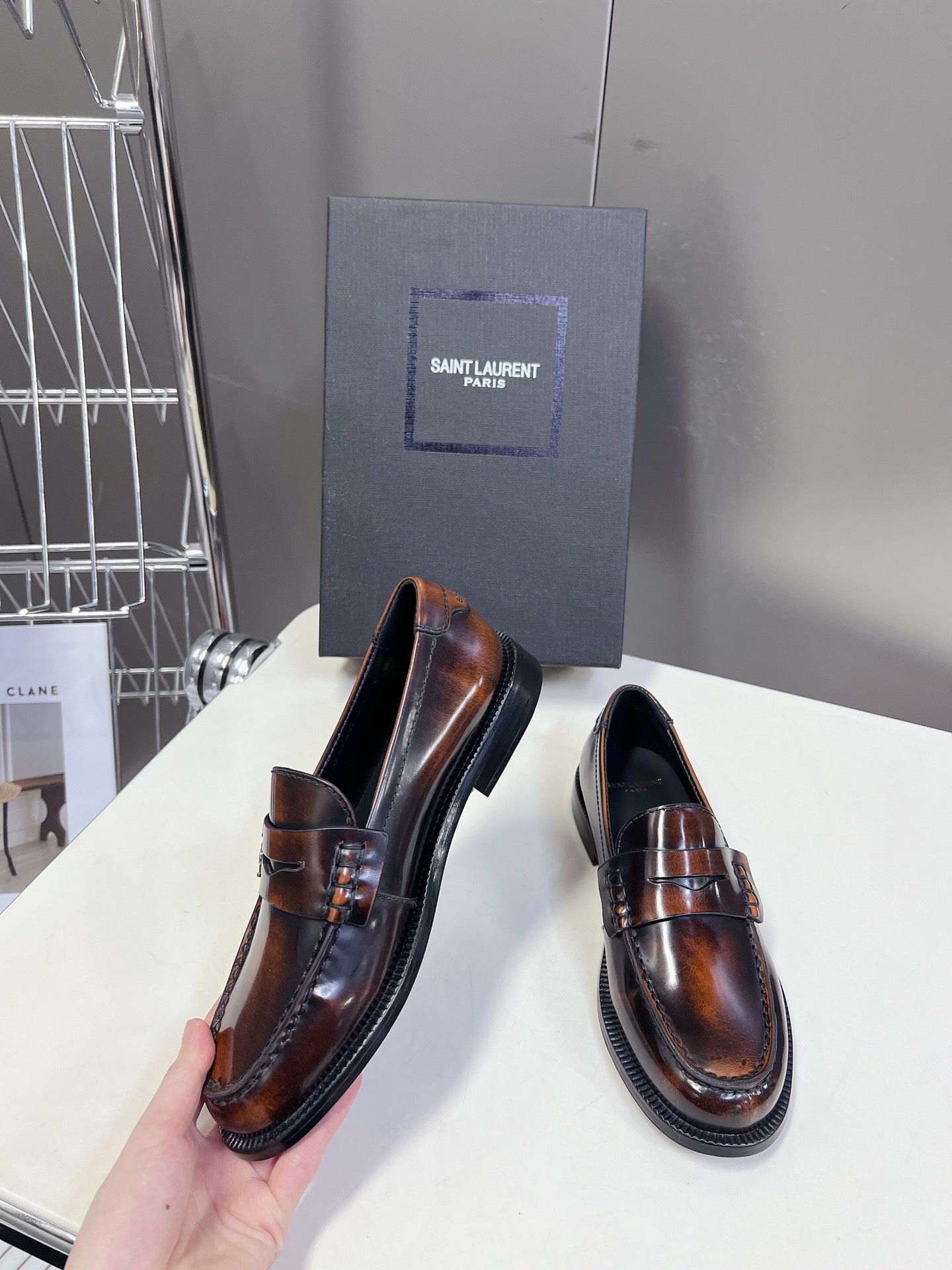 YSL 25S SAINT LAURENT LOAFERS IN TORTOISESHELL BROWN GLOSSY CALFSKIN - 35