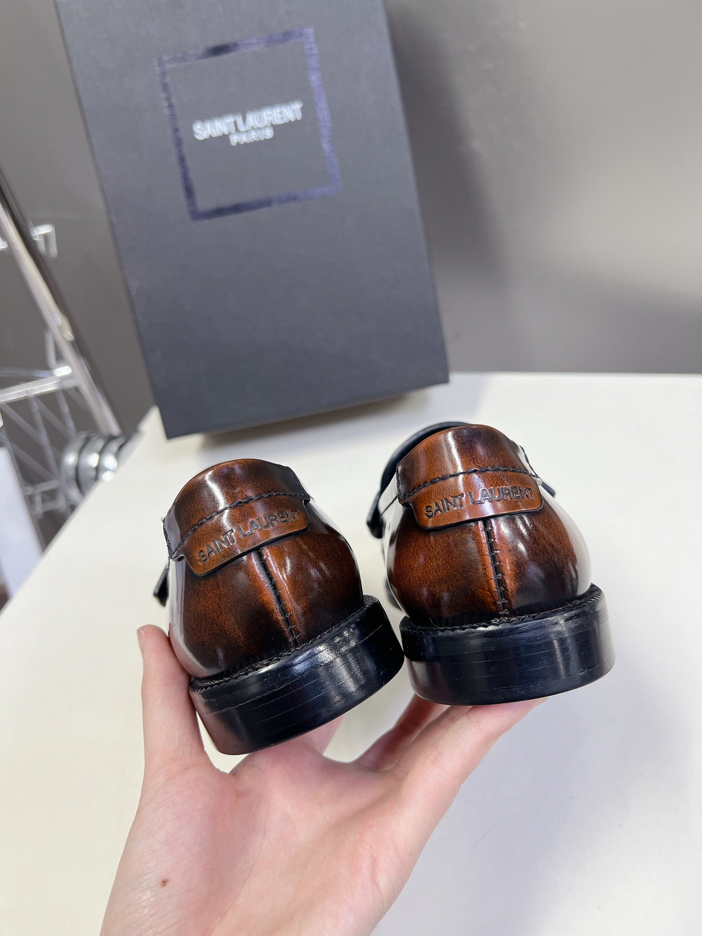 YSL 25S SAINT LAURENT LOAFERS IN TORTOISESHELL BROWN GLOSSY CALFSKIN - 35