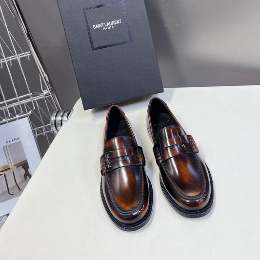 YSL 25S SAINT LAURENT LOAFERS IN TORTOISESHELL BROWN GLOSSY CALFSKIN - 35