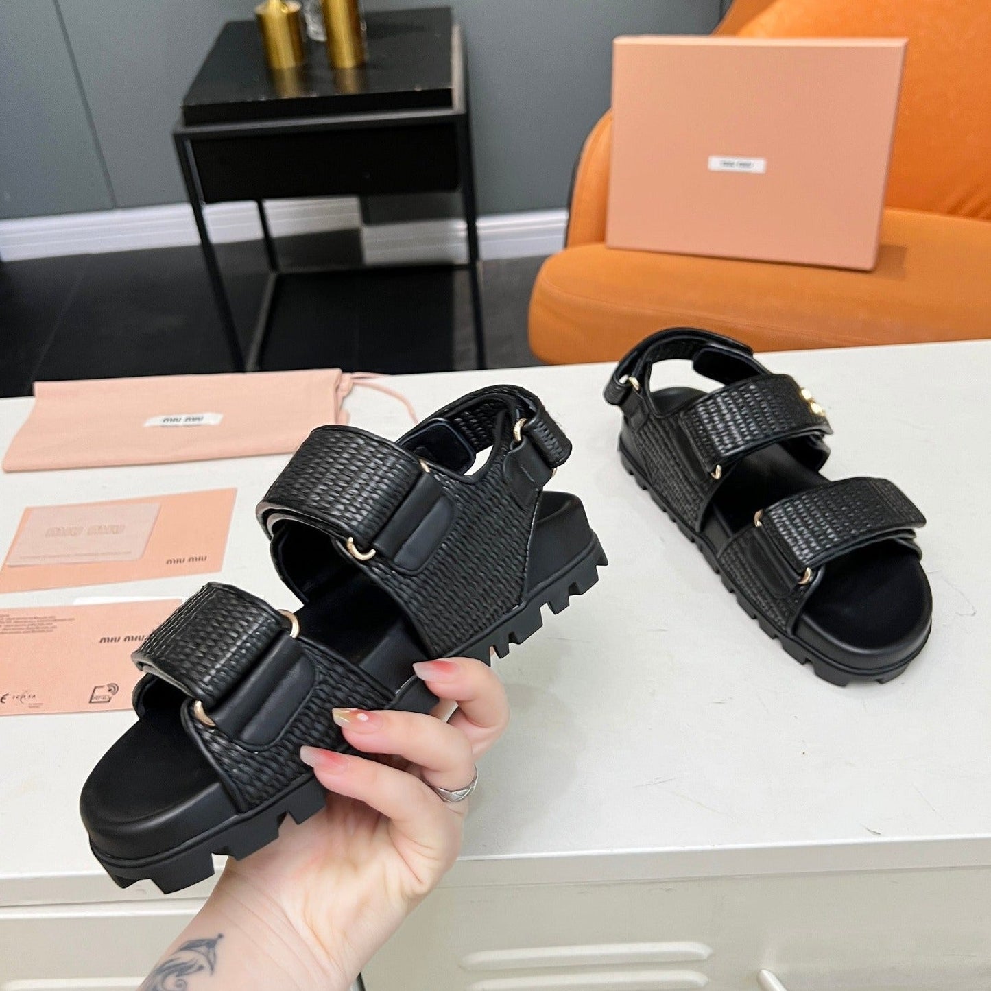 SANDALS BLACK SHEEPSKIN WITH 2 HORIZONTAL STRAPS - 35