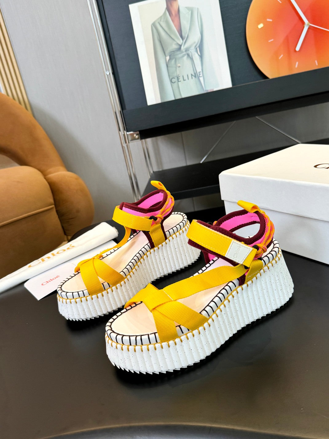 NAMA WEDGE SANDALS IN BRIGHT YELLOW FABRIC AND WHITE RUBBER - 35