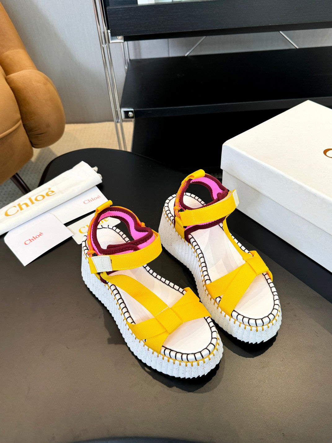 NAMA WEDGE SANDALS IN BRIGHT YELLOW FABRIC AND WHITE RUBBER - 35