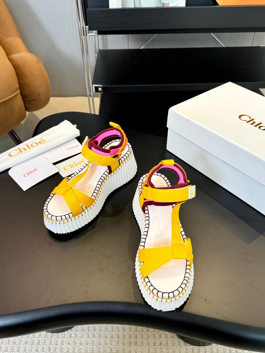 NAMA WEDGE SANDALS IN BRIGHT YELLOW FABRIC AND WHITE RUBBER - 35
