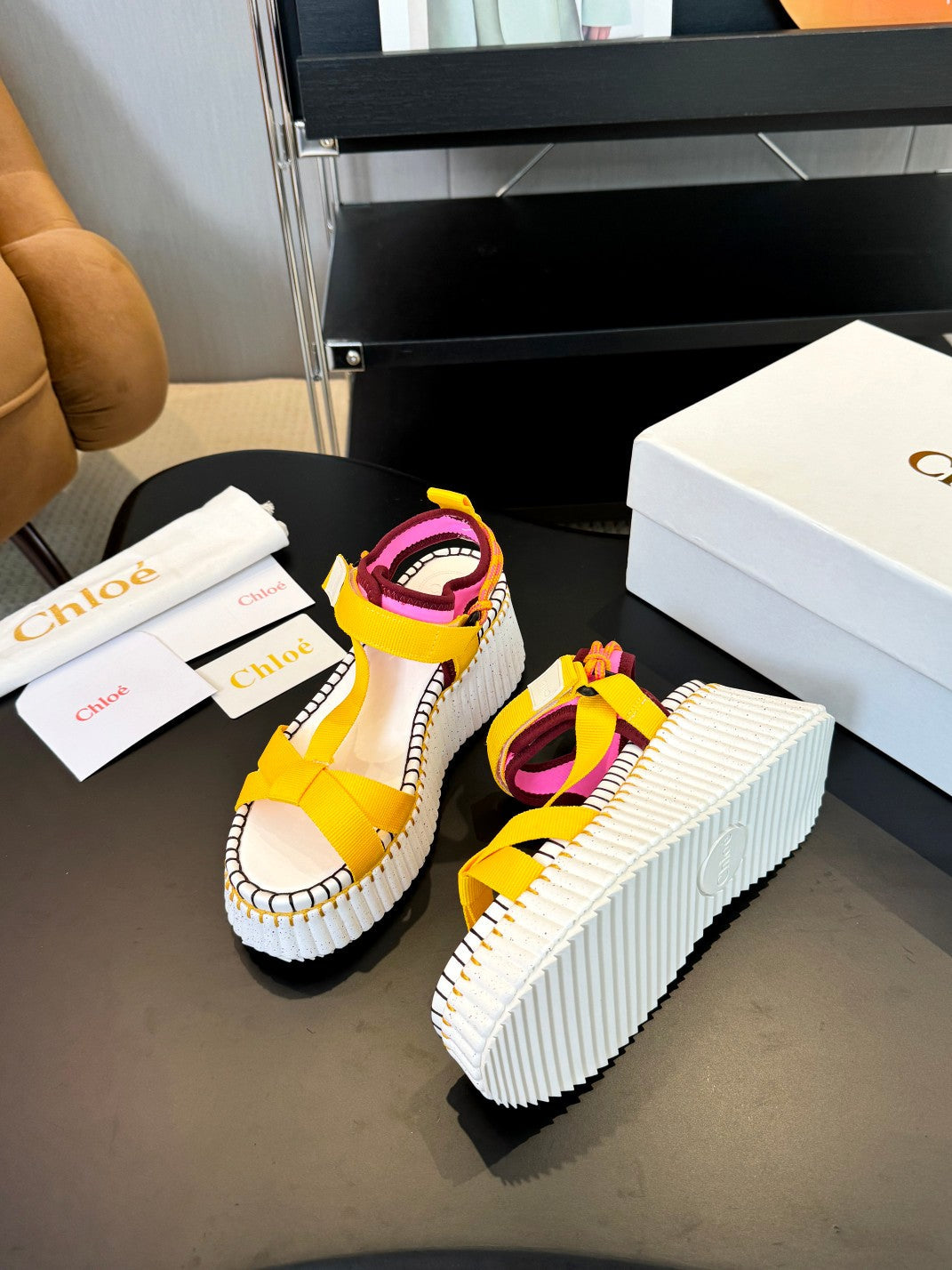 NAMA WEDGE SANDALS IN BRIGHT YELLOW FABRIC AND WHITE RUBBER - 35