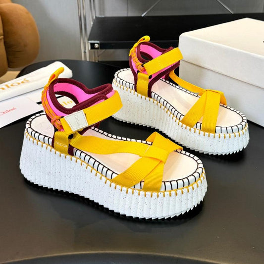 NAMA WEDGE SANDALS IN BRIGHT YELLOW FABRIC AND WHITE RUBBER - 35