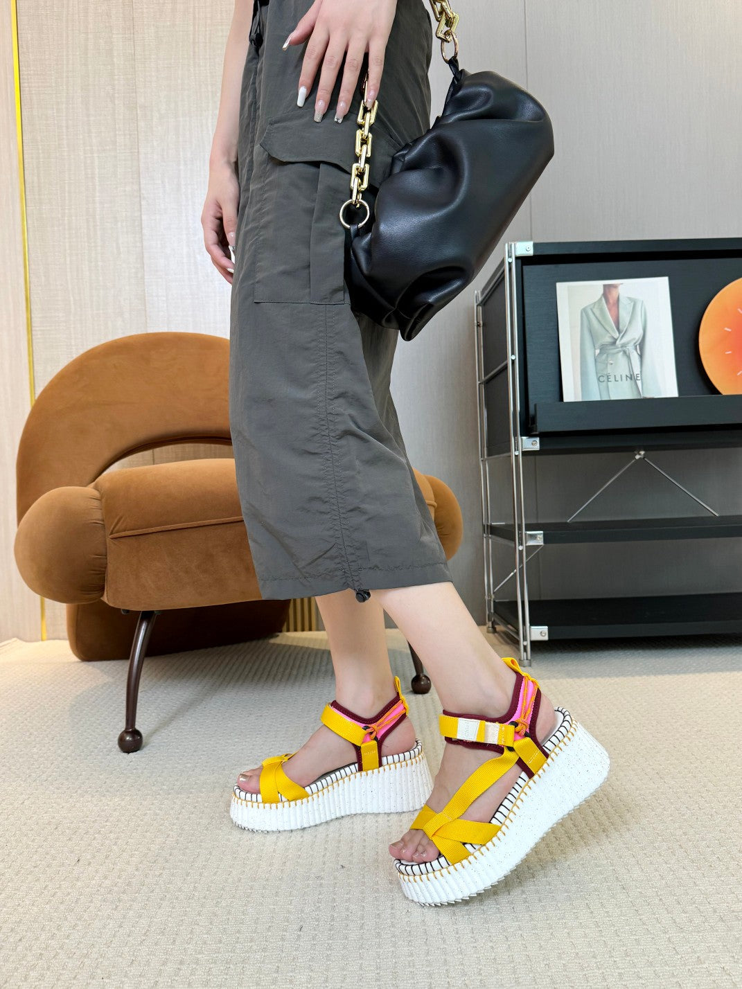 NAMA WEDGE SANDALS IN BRIGHT YELLOW FABRIC AND WHITE RUBBER - 35