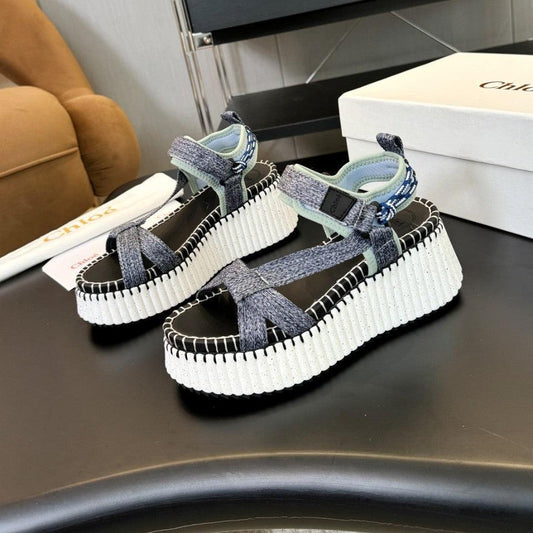NAMA WEDGE SANDALS IN GREY FABRIC AND WHITE RUBBER - 35