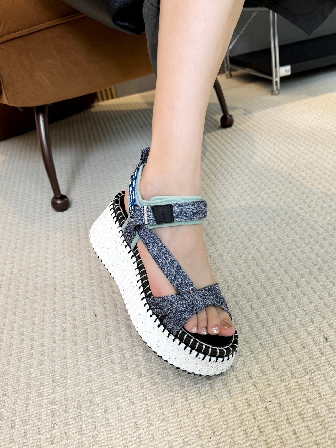 NAMA WEDGE SANDALS IN GREY FABRIC AND WHITE RUBBER - 35
