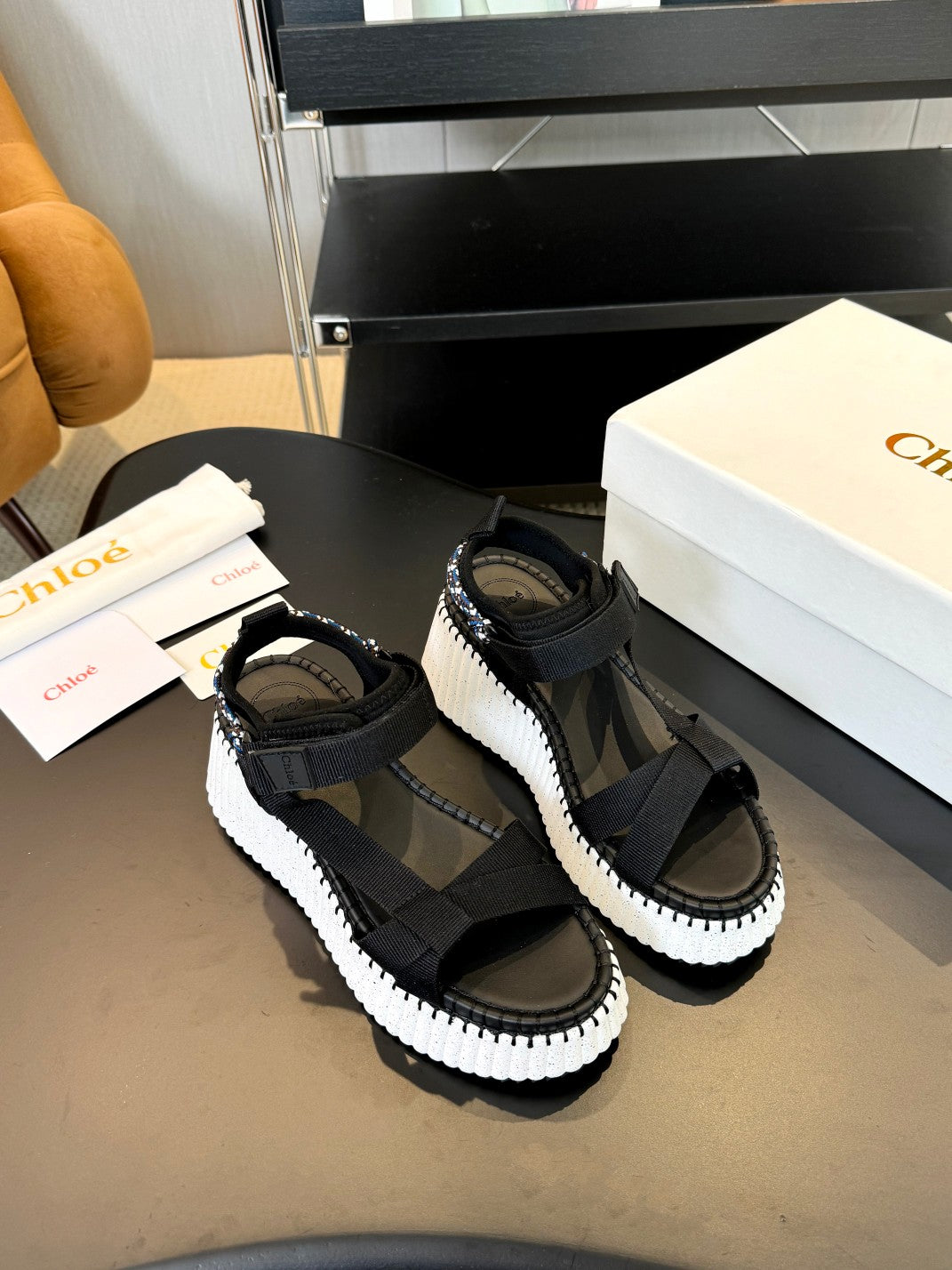 NAMA WEDGE SANDALS IN BLACK FABRIC AND WHITE RUBBER - 35